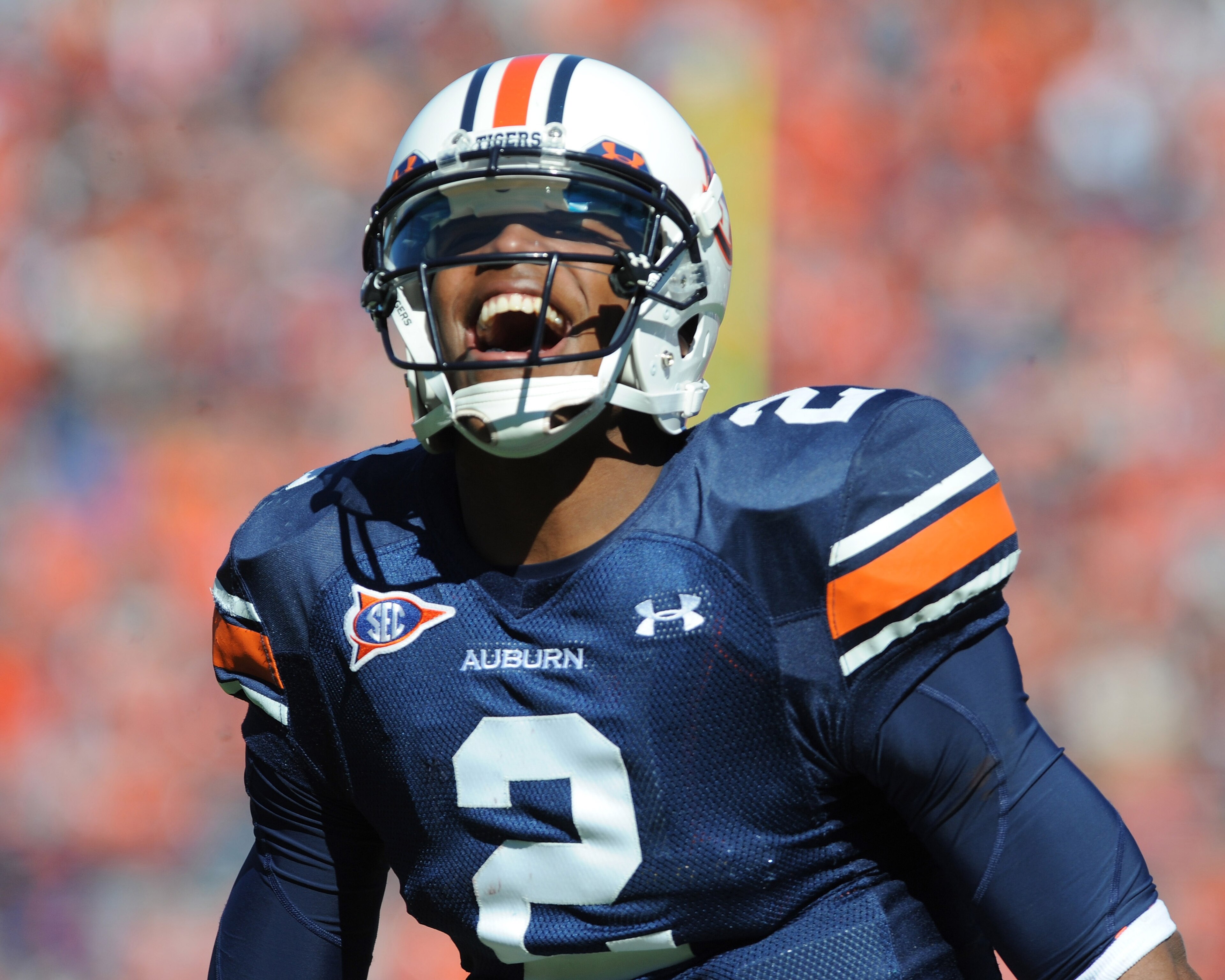 AUBURN, AL - NOVEMBER 6:  Quarterback Cam Newton #2 of the Auburn Tigers yells after running for a touchdown against the Chattanooga Mocs November 6, 2010 at Jordan-Hare Stadium in Auburn, Alabama.  (Photo by Al Messerschmidt/Getty Images)
