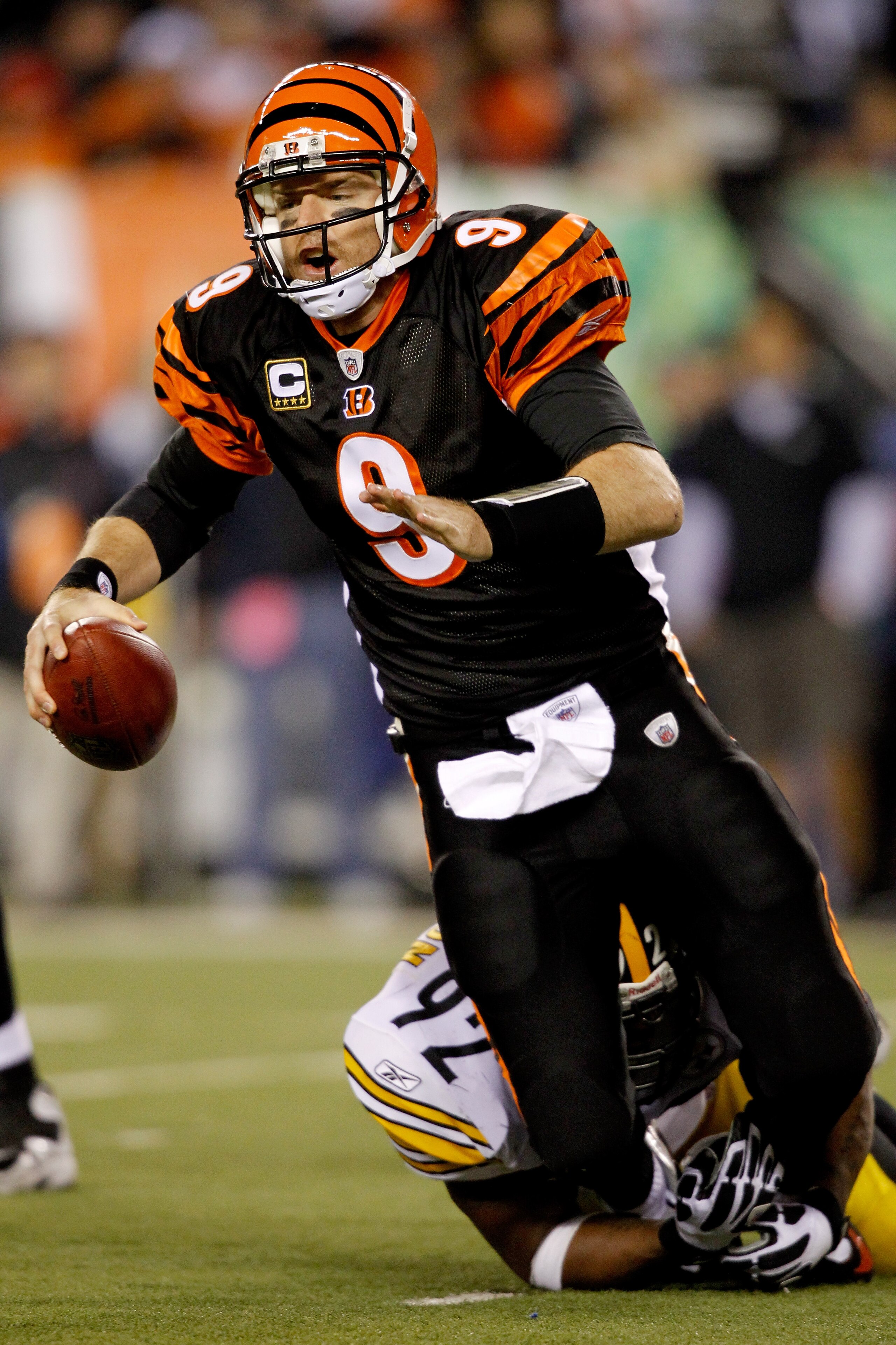 CINCINNATI - NOVEMBER 08: Carson Palmer #9 of the Cincinnati Bengals is brought down from behind by James Harrison #92 of the Pittsburgh Steelers at Paul Brown Stadium on November 8, 2010 in Cincinnati, Ohio. (Photo by Matthew Stockman/Getty Images) CINCINNATI - NOVEMBER 08: Carson Palmer #9 of the Cincinnati Bengals is brought down from behind by James Harrison #92 of the Pittsburgh Steelers at Paul Brown Stadium on November 8, 2010 in Cincinnati, Ohio. (Photo by Matthew Stockman/Getty Images)