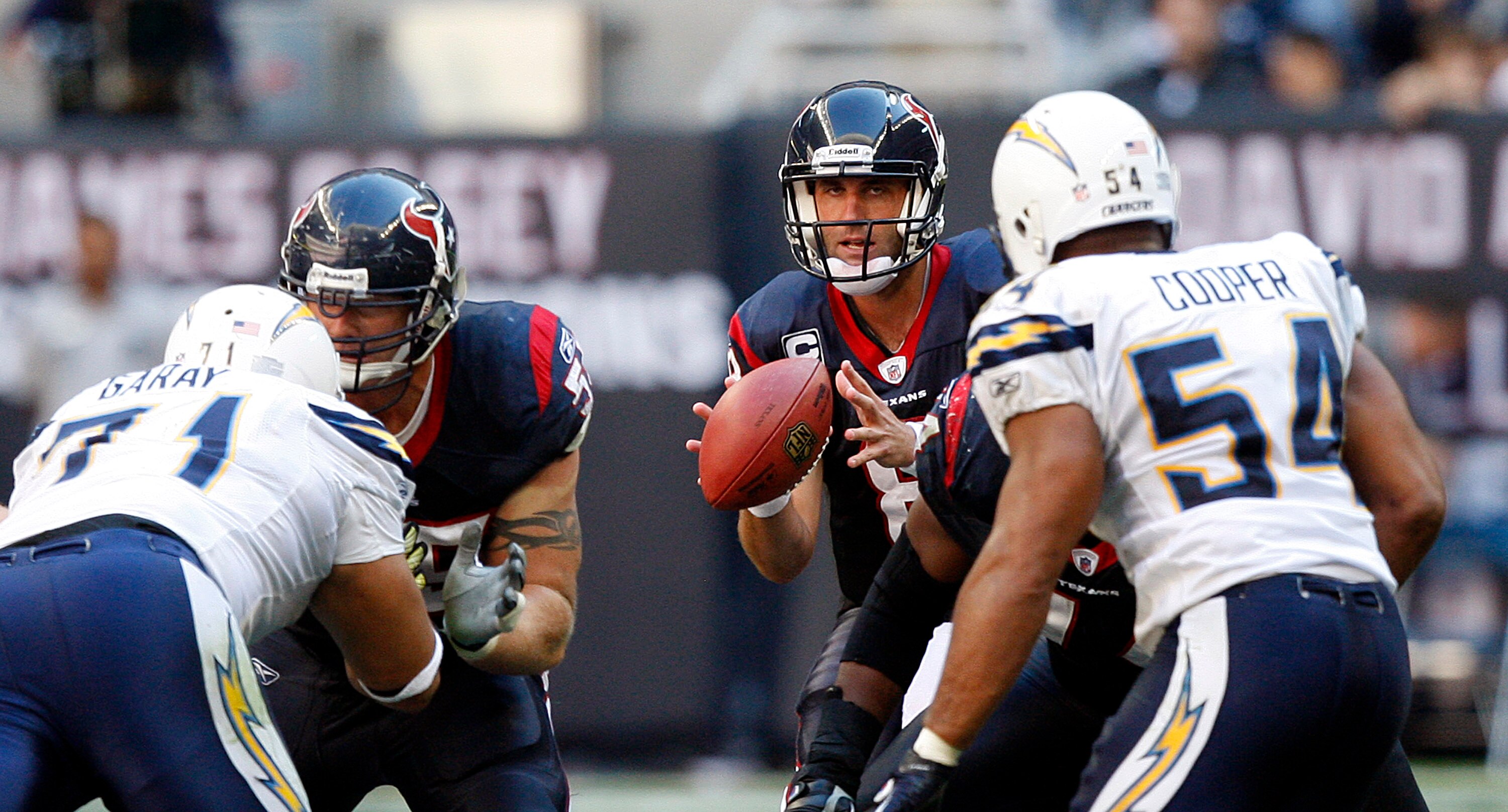 HOUSTON - NOVEMBER 07:  Quarterback Matt Schaub #8 of the Houston Texans t takes the snap against the San Diego Chargers at Reliant Stadium on November 7, 2010 in Houston, Texas.  (Photo by Bob Levey/Getty Images)