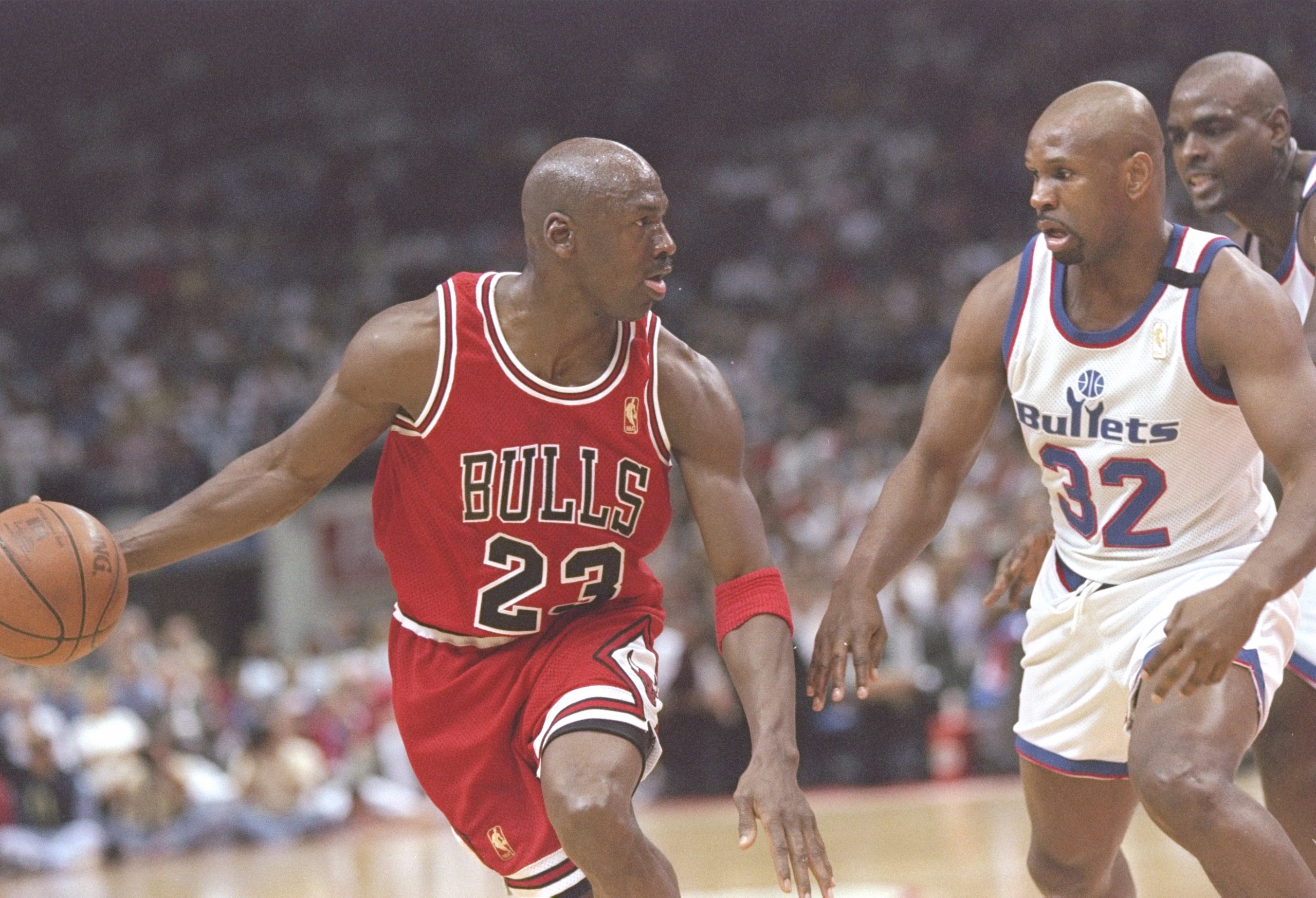 30 Apr 1997: Guard Michael Jordan of the Chicago Bulls tries to drive past guard Jaron Jackson of the Washington Bullets during a playoff game at the US Air Arena in Landover, Maryland. The Bulls won the game 96-95. Mandatory Credit: Doug Pensinger /All 30 Apr 1997: Guard Michael Jordan of the Chicago Bulls tries to drive past guard Jaron Jackson of the Washington Bullets during a playoff game at the US Air Arena in Landover, Maryland. The Bulls won the game 96-95. Mandatory Credit: Doug Pensinger /All