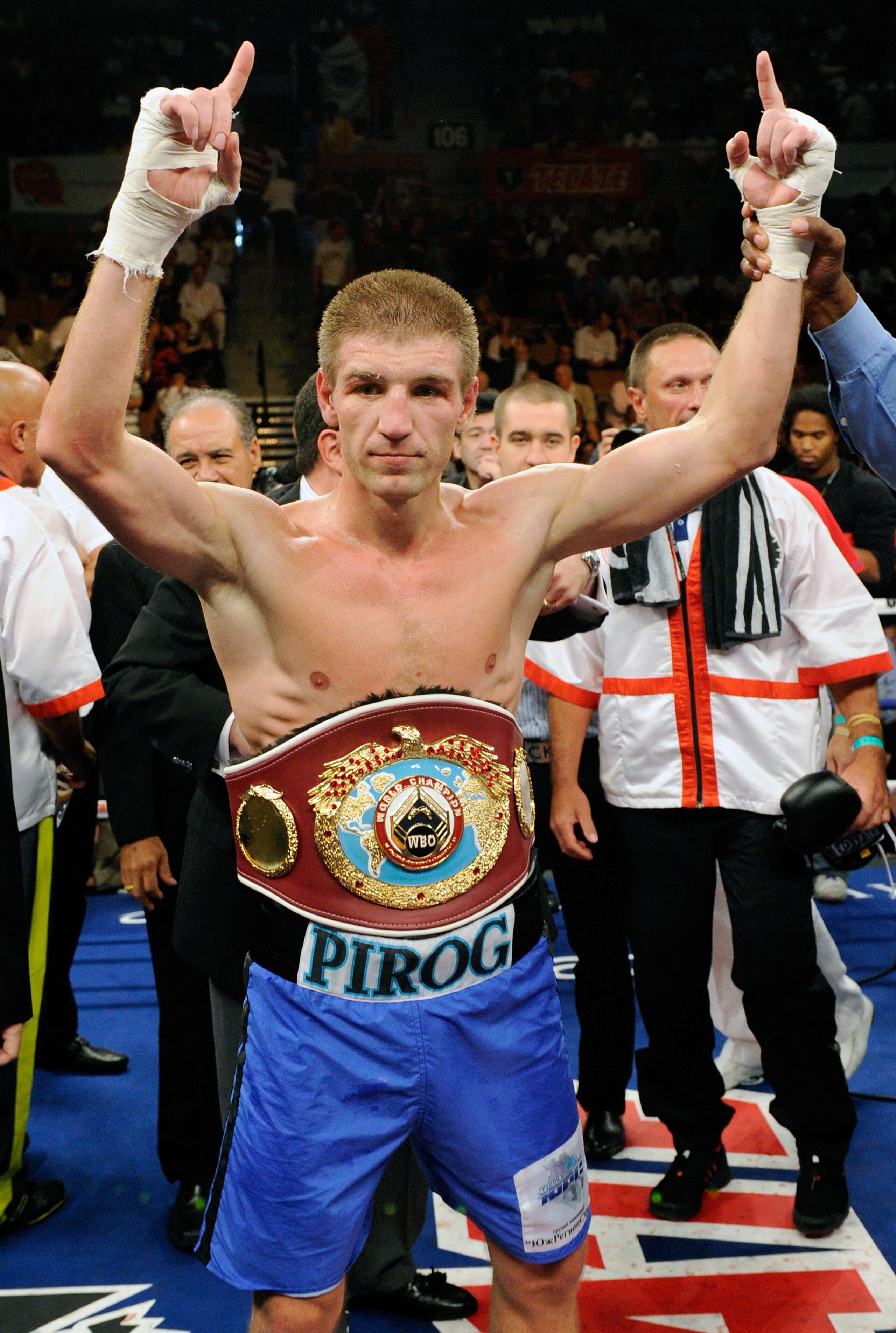 LAS VEGAS - JULY 31:  Dmitry Pirog celebrates his knockout victory over Daniel Jacobs to win the vacant WBO middleweight title at the Mandalay Bay Events Center July 31, 2010 in Las Vegas, Nevada.  (Photo by Ethan Miller/Getty Images)