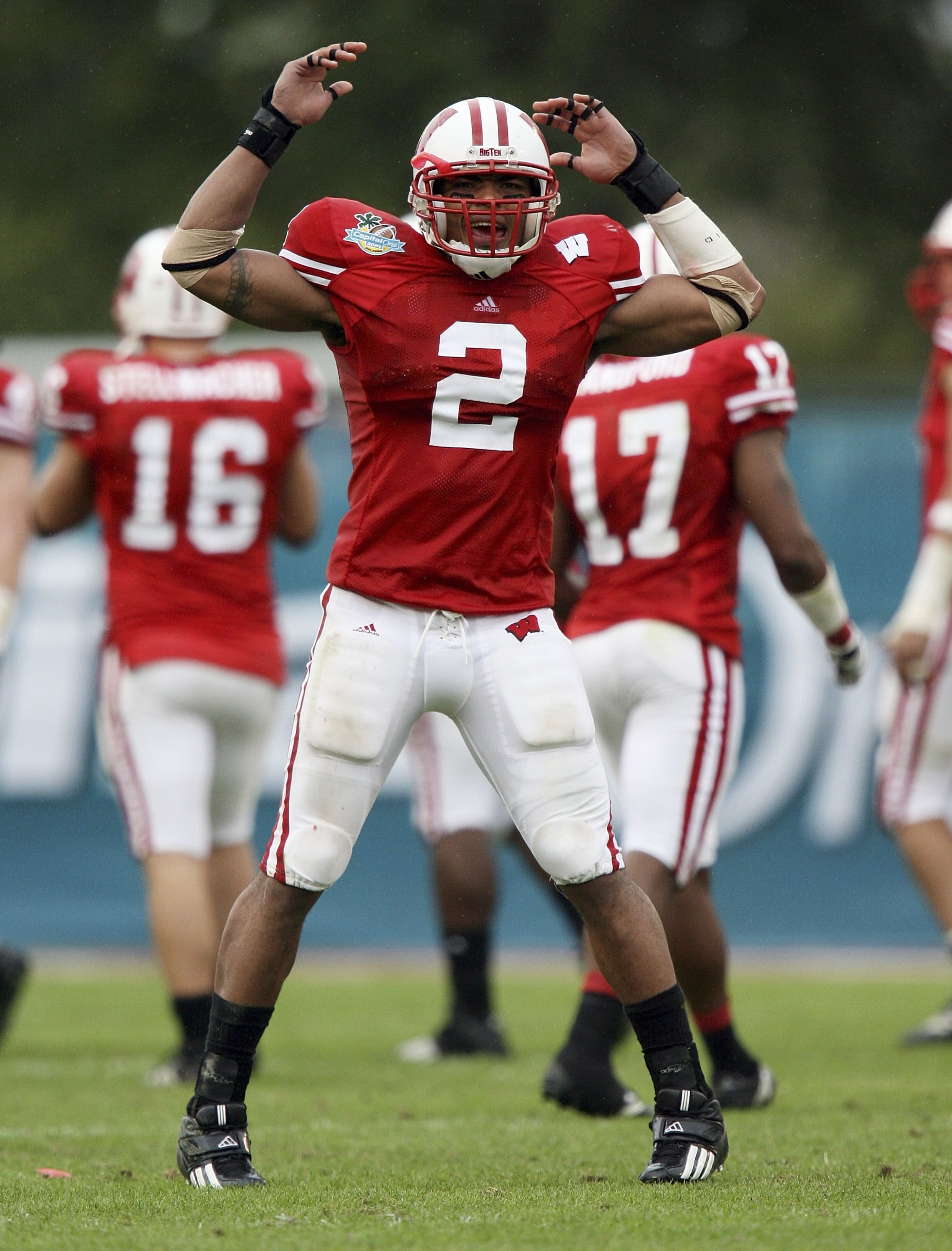 ORLANDO, FL - JANUARY 1:  Linebacker Jonathan Casillas #2 of the Wisconsin Badgers celebrates a play in the third quarter against the Arkansas Razorbacks in the Capitol One Bowl at Florida Citrus Bowl January 1, 2007 in Orlando, Florida. Wisconsin defeate