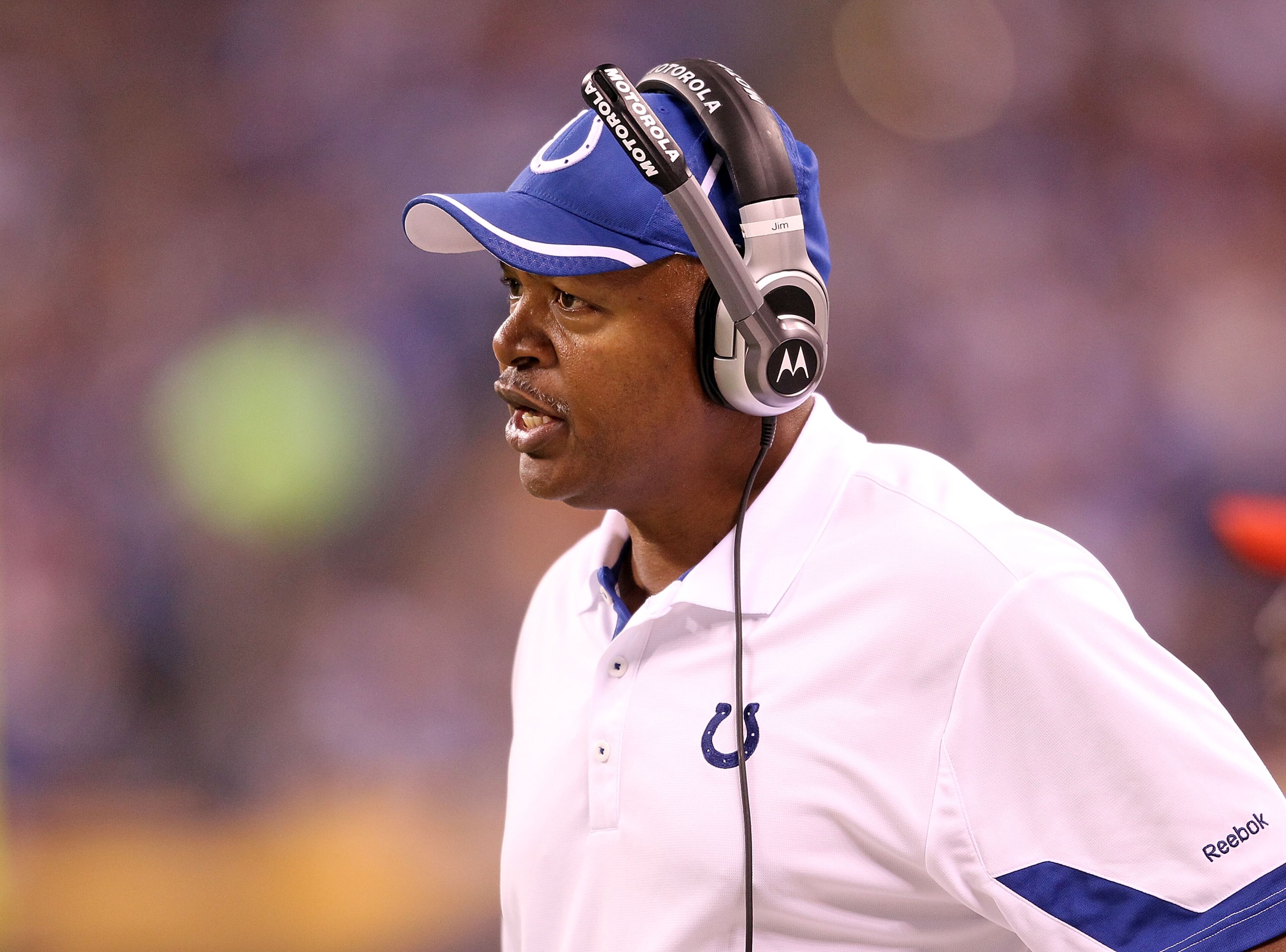 INDIANAPOLIS - NOVEMBER 01: Jim Caldwell the Head Coach of Indianapolis Colts gives instructions to his team during the NFL game against the Houston Texans  at Lucas Oil Stadium on November 1, 2010 in Indianapolis, Indiana.  (Photo by Andy Lyons/Getty Ima