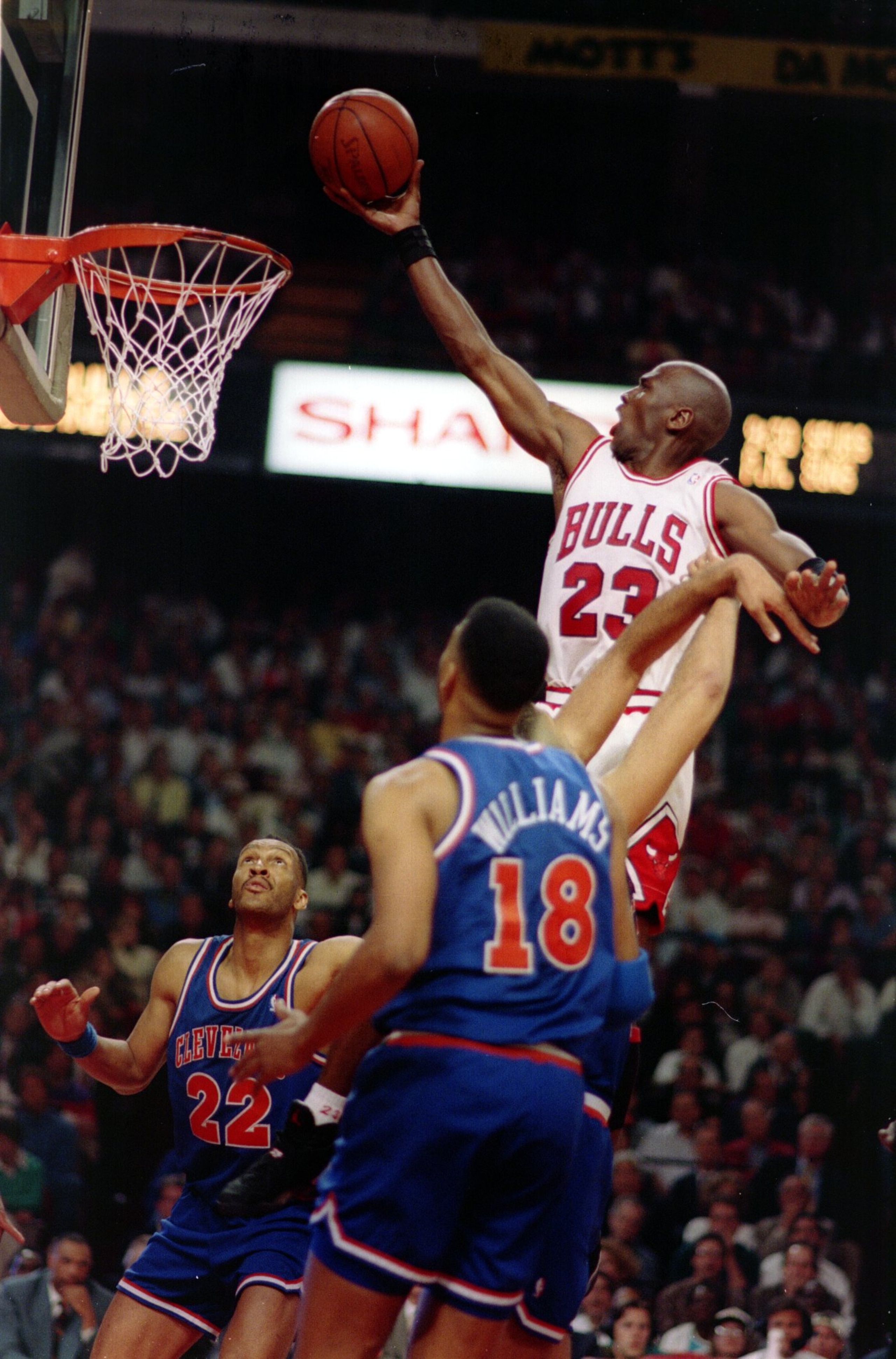 Chicago''s Michael Jordan rises above Cavaliers Larry Nance and John Wiliams during the Bulls'' 91-84 victory in the second round of the 1993 NBA playoffs. Mandatory Credit: Jonathan Daniel/ALLSPORT Chicago''s Michael Jordan rises above Cavaliers Larry Nance and John Wiliams during the Bulls'' 91-84 victory in the second round of the 1993 NBA playoffs. Mandatory Credit: Jonathan Daniel/ALLSPORT