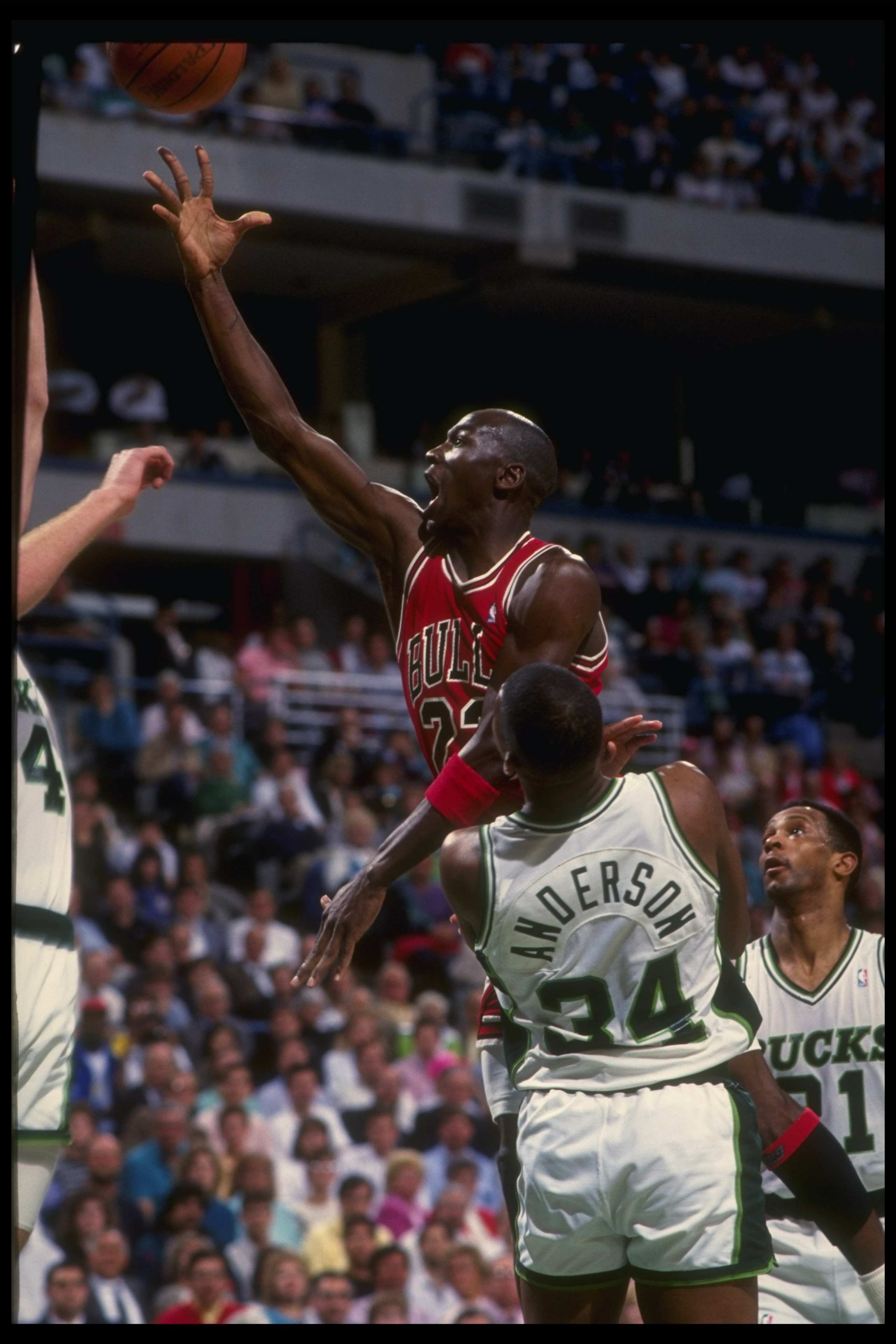 1988-89: Guard Michael Jordan of the Chicago Bulls (center). 1988-89: Guard Michael Jordan of the Chicago Bulls (center).