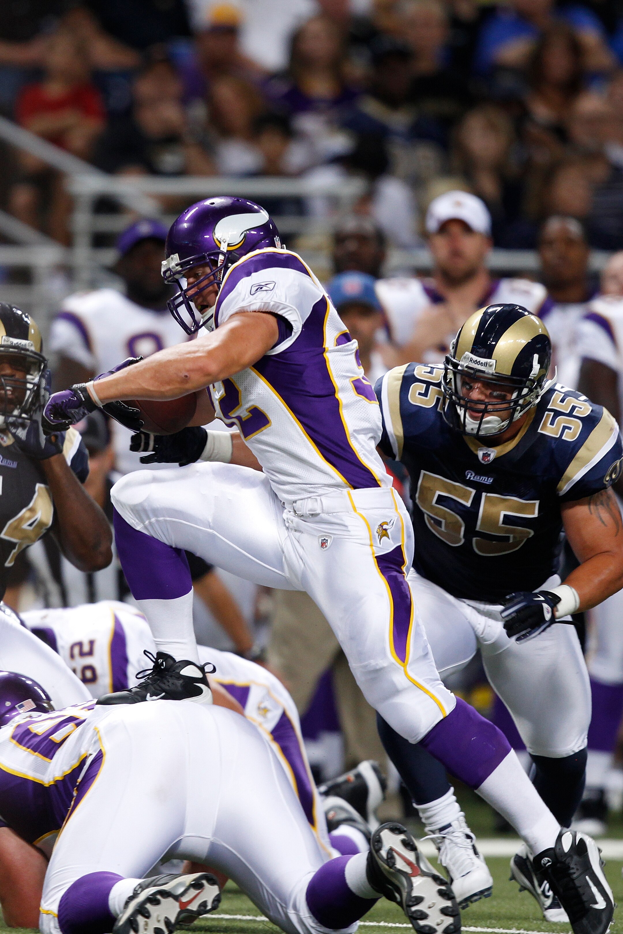 ST. LOUIS, MO - AUGUST 14: Toby Gerhart #32 of the Minnesota Vikings runs the ball against the St. Louis Rams during the preseason game at Edward Jones Dome on August 14, 2010 in St. Louis, Missouri. The Vikings defeated the Rams 28-7. (Photo by Joe Robbi