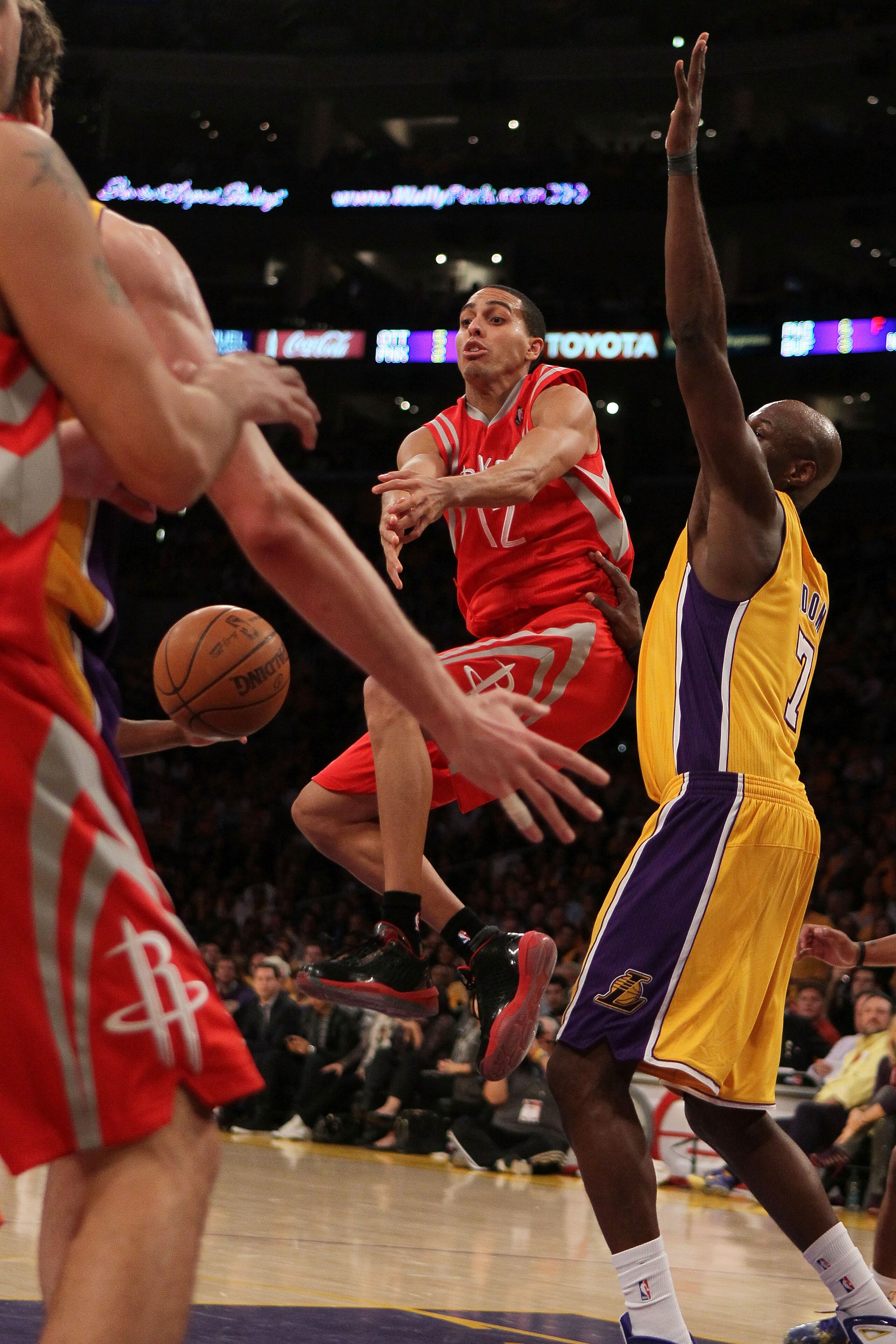 LOS ANGELES, CA - OCTOBER 26: Kevin Martin #12 of the Houston Rockets loses control of the ball against the Los Angeles Lakers during their opening night game at Staples Center on October 26, 2010 in Los Angeles, California. NOTE TO USER: User expressly LOS ANGELES, CA - OCTOBER 26: Kevin Martin #12 of the Houston Rockets loses control of the ball against the Los Angeles Lakers during their opening night game at Staples Center on October 26, 2010 in Los Angeles, California. NOTE TO USER: User expressly