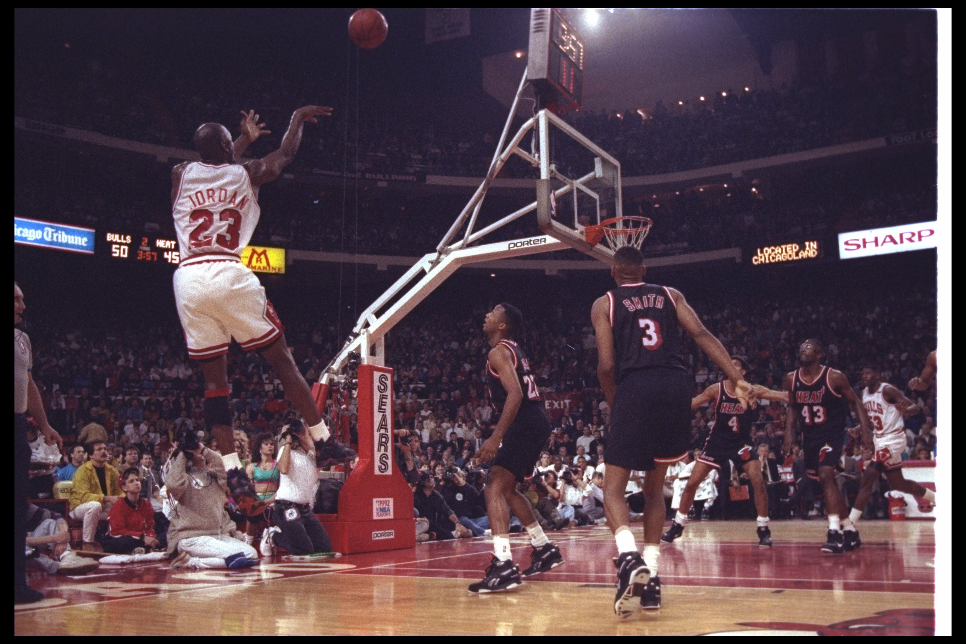 24 Apr 1992: Guard Michael Jordan of the Chicago Bulls takes a shot during a first round playoff game against the Miami Heat at the United Center in Chicago, Illinois.