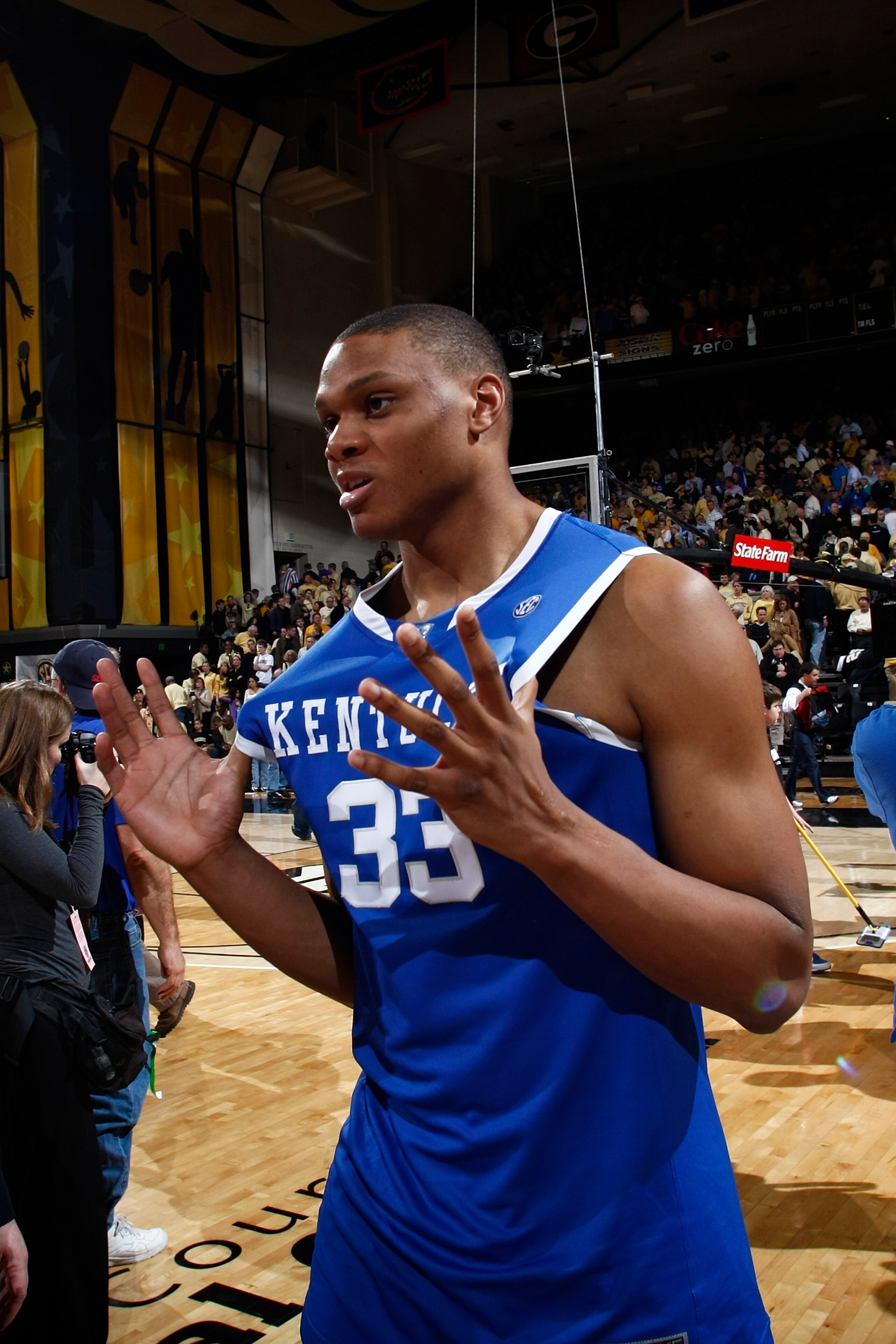 NASHVILLE, TN - FEBRUARY 20: Daniel Orton #33 of the Kentucky Wildcats celebrates after the game against the Vanderbilt Commodores at Memorial Gymnasium on February 20, 2010 in Nashville, Tennessee. Kentucky defeated Vanderbilt 58-56. (Photo by Joe Robbin
