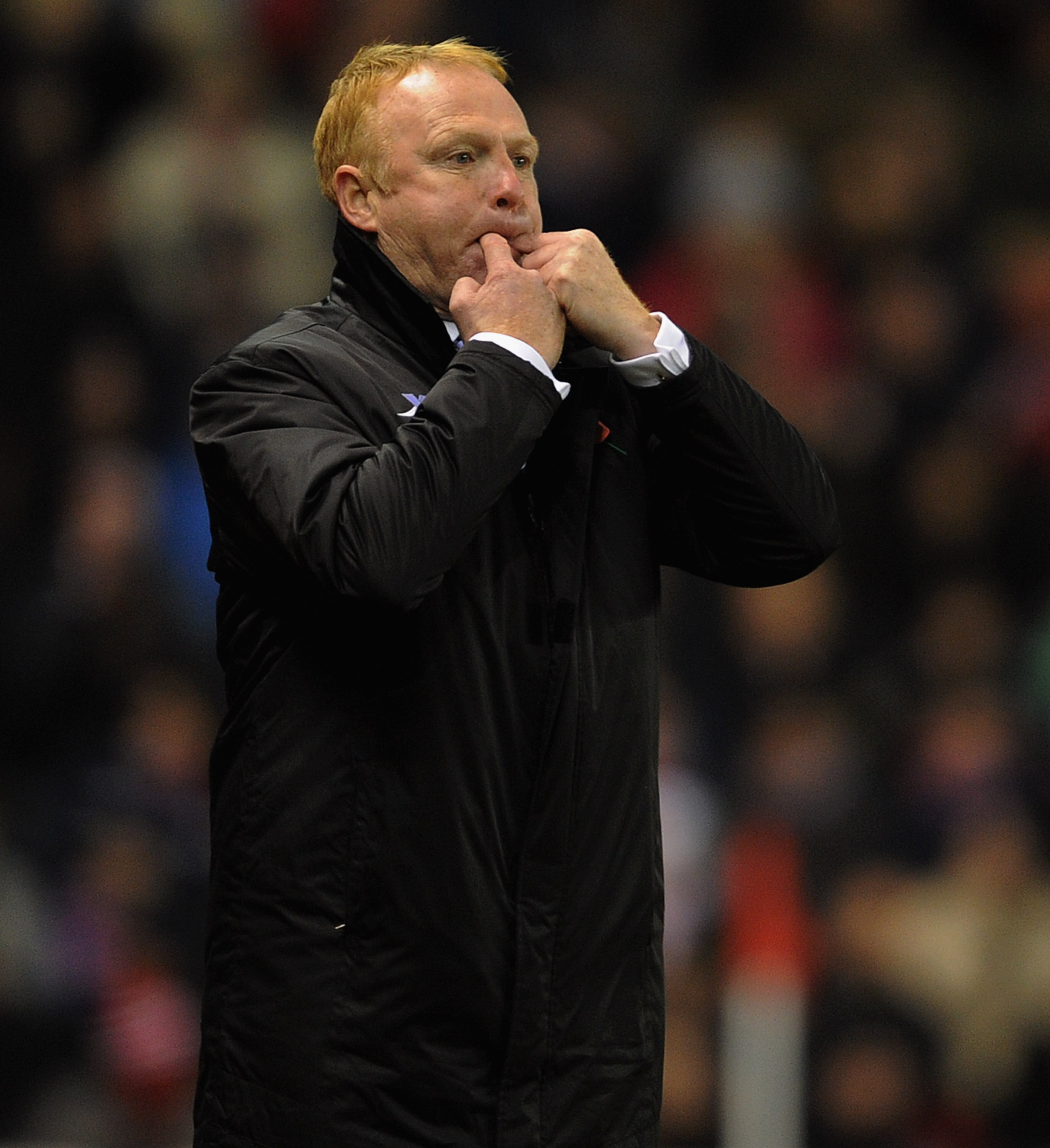 STOKE ON TRENT, ENGLAND - NOVEMBER 09: Birmingham manager Alex McLeish whistles during the Barclays Premier League match between Stoke City and Birmingham City at the Britannia Stadium on November 9, 2010 in Stoke on Trent, England. (Photo by Michael Re STOKE ON TRENT, ENGLAND - NOVEMBER 09: Birmingham manager Alex McLeish whistles during the Barclays Premier League match between Stoke City and Birmingham City at the Britannia Stadium on November 9, 2010 in Stoke on Trent, England. (Photo by Michael Re