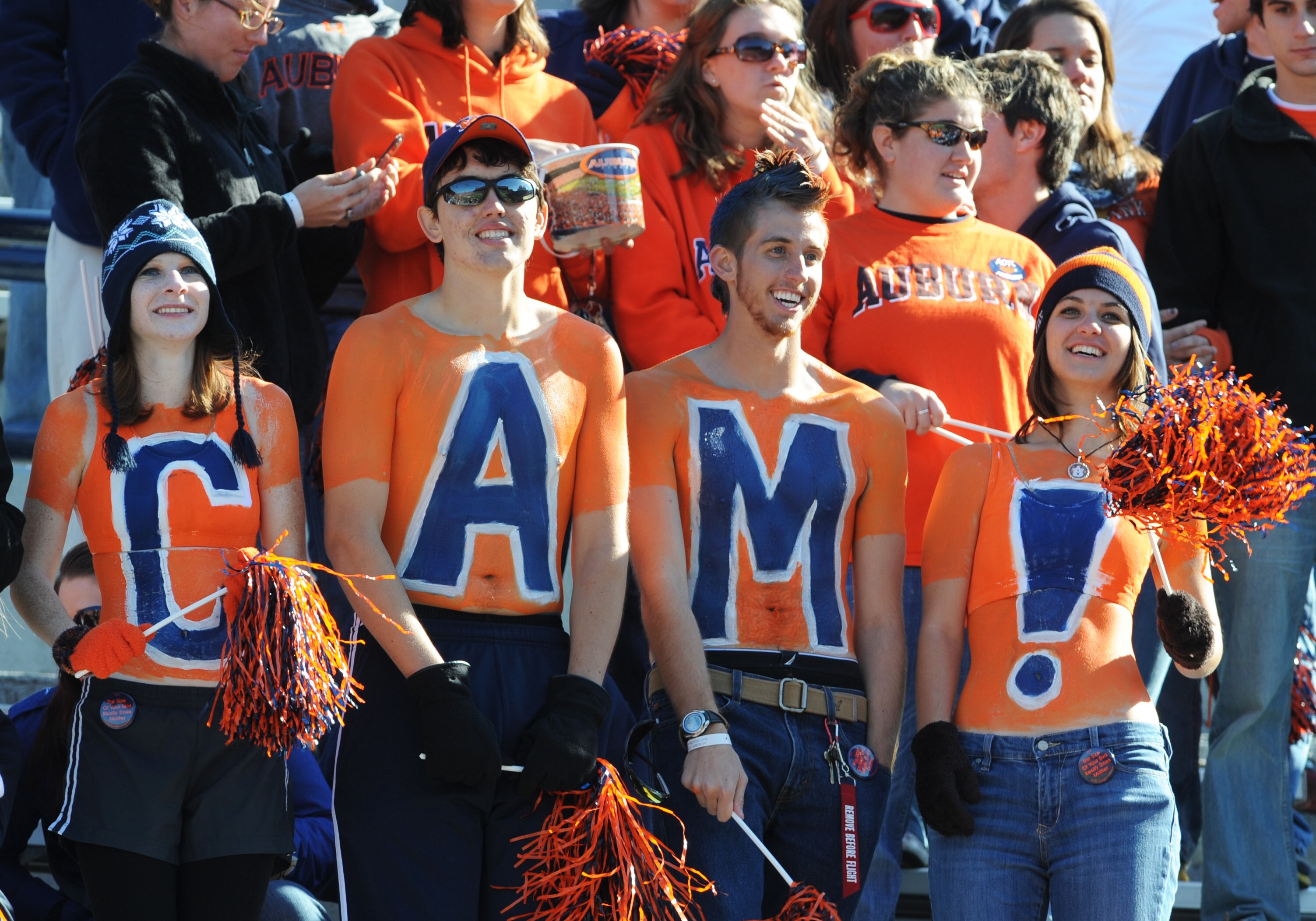 AUBURN, AL - NOVEMBER 6: Fans of the Auburn Tigers show support for quarterback Cam Newton #2 during play against the Chattanooga Mocs November 6, 2010 at Jordan-Hare Stadium in Auburn, Alabama. (Photo by Al Messerschmidt/Getty Images) AUBURN, AL - NOVEMBER 6: Fans of the Auburn Tigers show support for quarterback Cam Newton #2 during play against the Chattanooga Mocs November 6, 2010 at Jordan-Hare Stadium in Auburn, Alabama. (Photo by Al Messerschmidt/Getty Images)