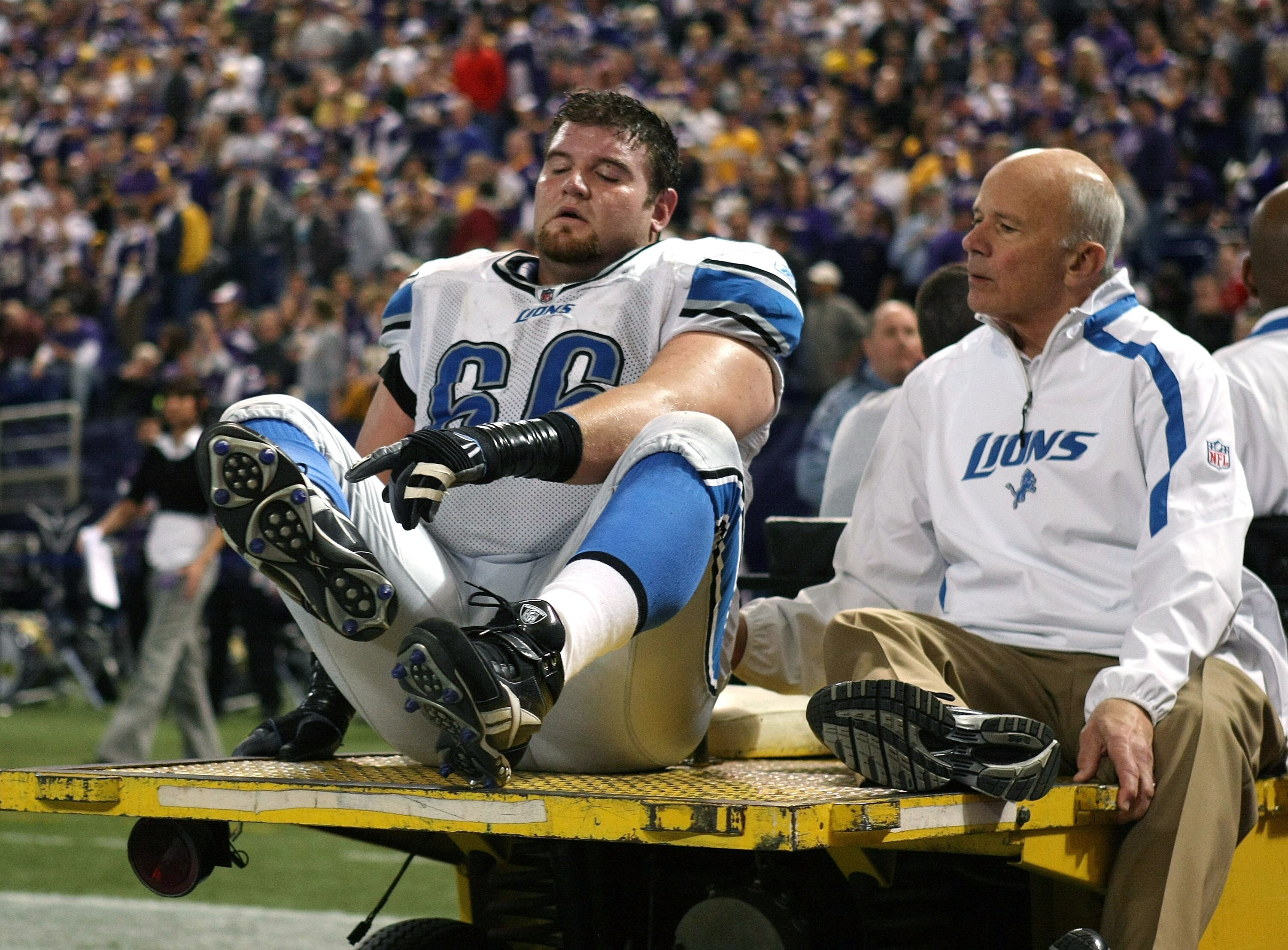 MINNEAPOLIS - NOVEMBER 15:  Stephen Peterman #66  of the Detroit Lions is carted off the field in the second half against the Minnesota Vikings on November 15, 2009 at Hubert H. Humphrey Metrodome in Minneapolis, Minnesota. The Vikings defeated the Lions