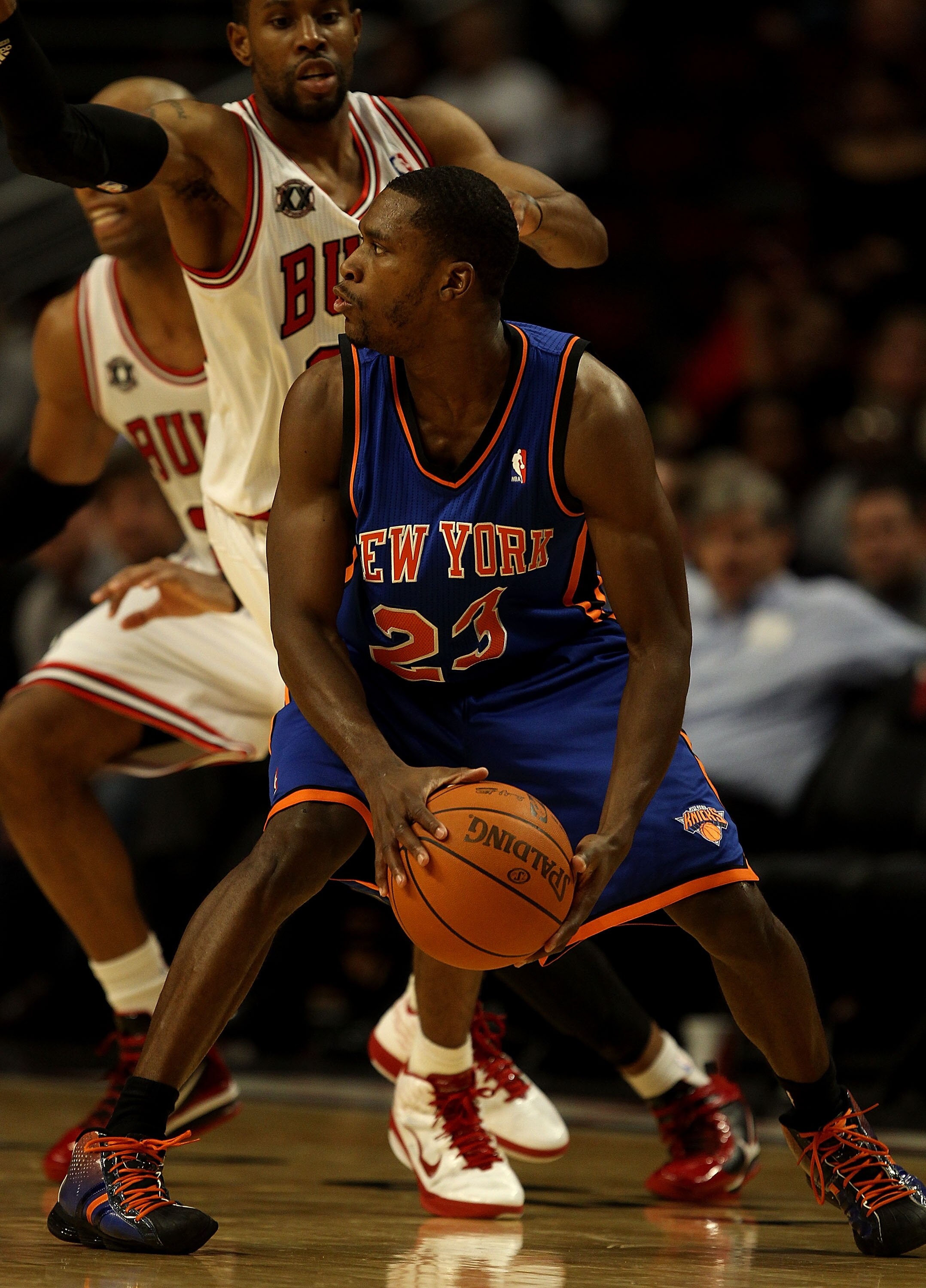 CHICAGO - NOVEMBER 04: Toney Douglas #23 of the New York Knicks, who scored a game-high 30 points, looks to pass against the Chicago Bulls at the United Center on November 4, 2010 in Chicago, Illinois. The Knicks defeated the Bulls 120-112. NOTE TO USER:
