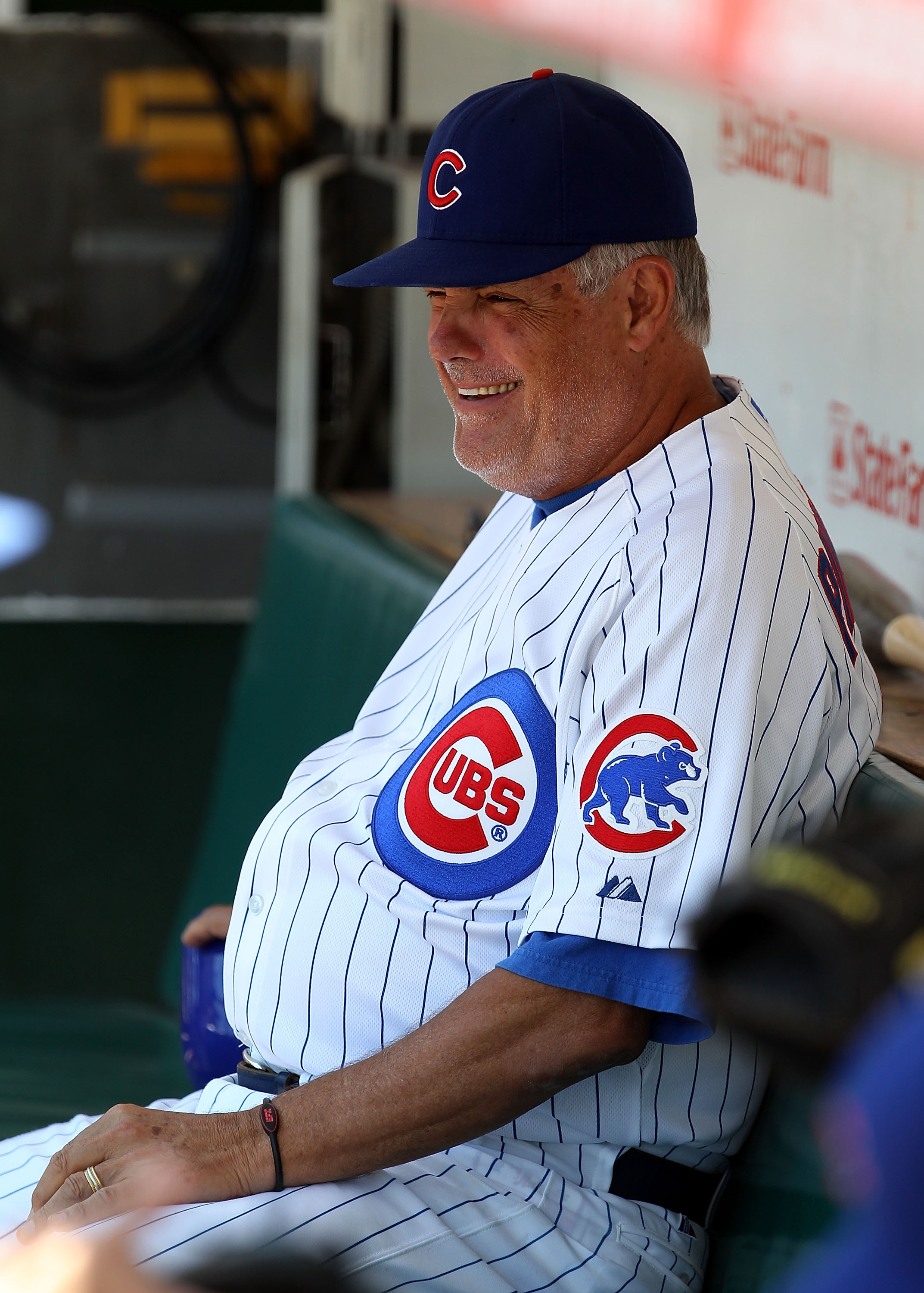 CHICAGO - JULY 21: Manager Lou Piniella #41 of the Chicago Cubs sits in the dugout before a game against the Houston Astros at Wrigley Field on July 21, 2010 in Chicago, Illinois. (Photo by Jonathan Daniel/Getty Images)