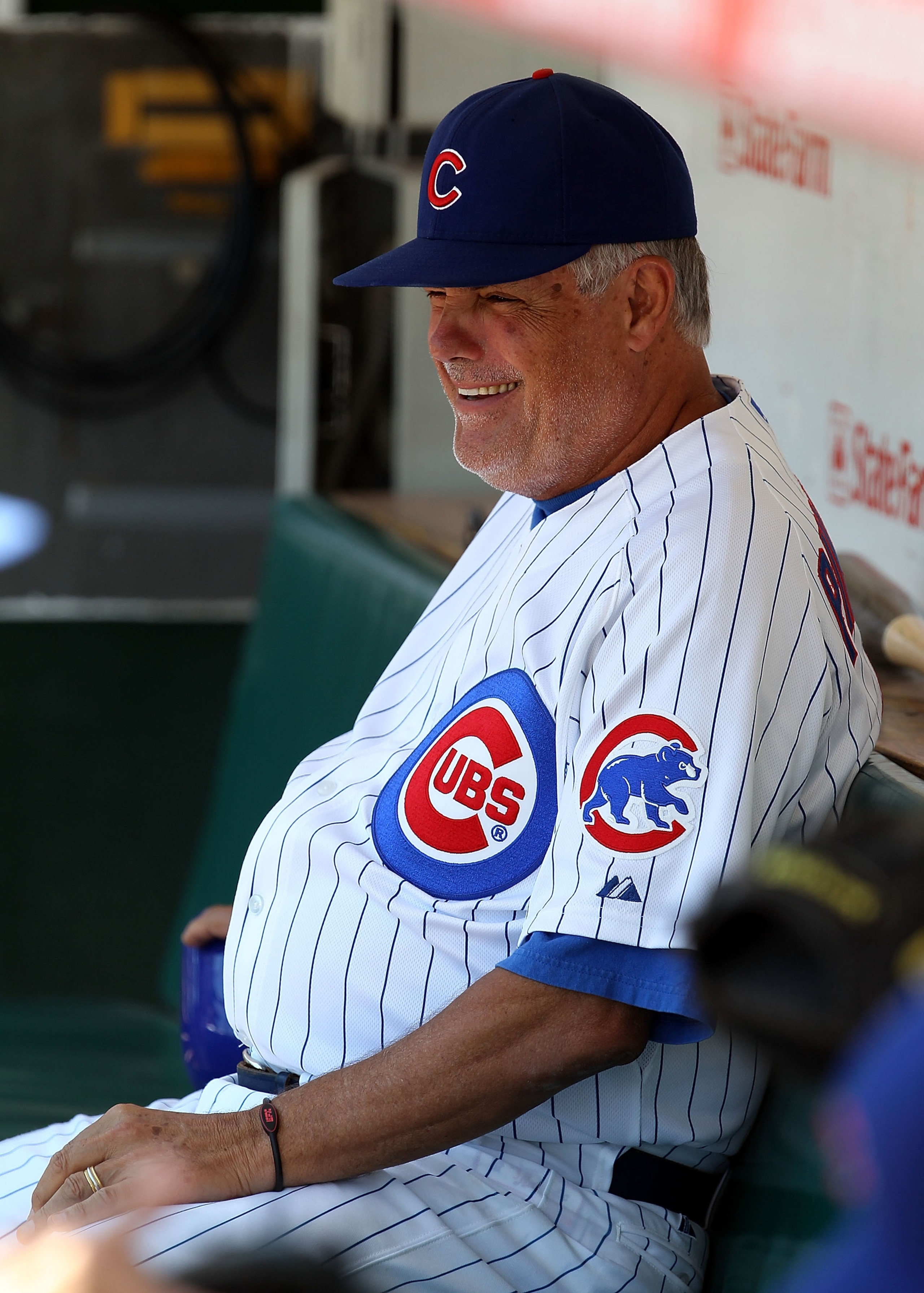 CHICAGO - JULY 21: Manager Lou Piniella #41 of the Chicago Cubs sits in the dugout before a game against the Houston Astros at Wrigley Field on July 21, 2010 in Chicago, Illinois. (Photo by Jonathan Daniel/Getty Images)