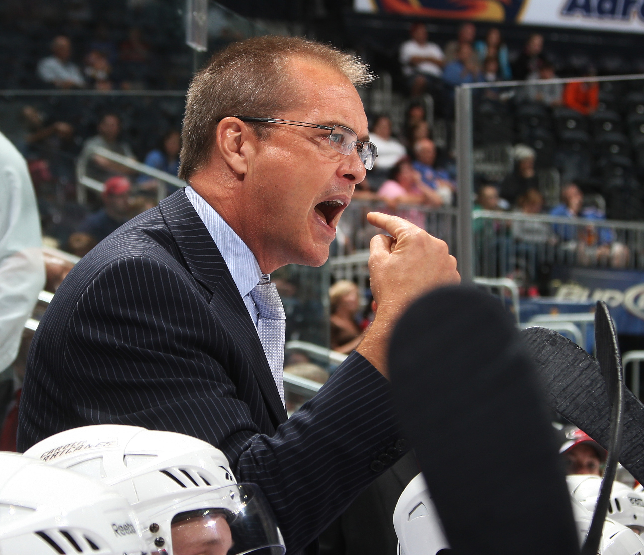 ATLANTA - SEPTEMBER 25: Head Coach Paul Maurice of the Carolina Hurricanes disputes a call during the game against the Atlanta Thrashers at Philips Arena on September 25, 2010 in Atlanta, Georgia. The Hurricanes won 1-0. (Photo by Scott Cunningham/Getty I