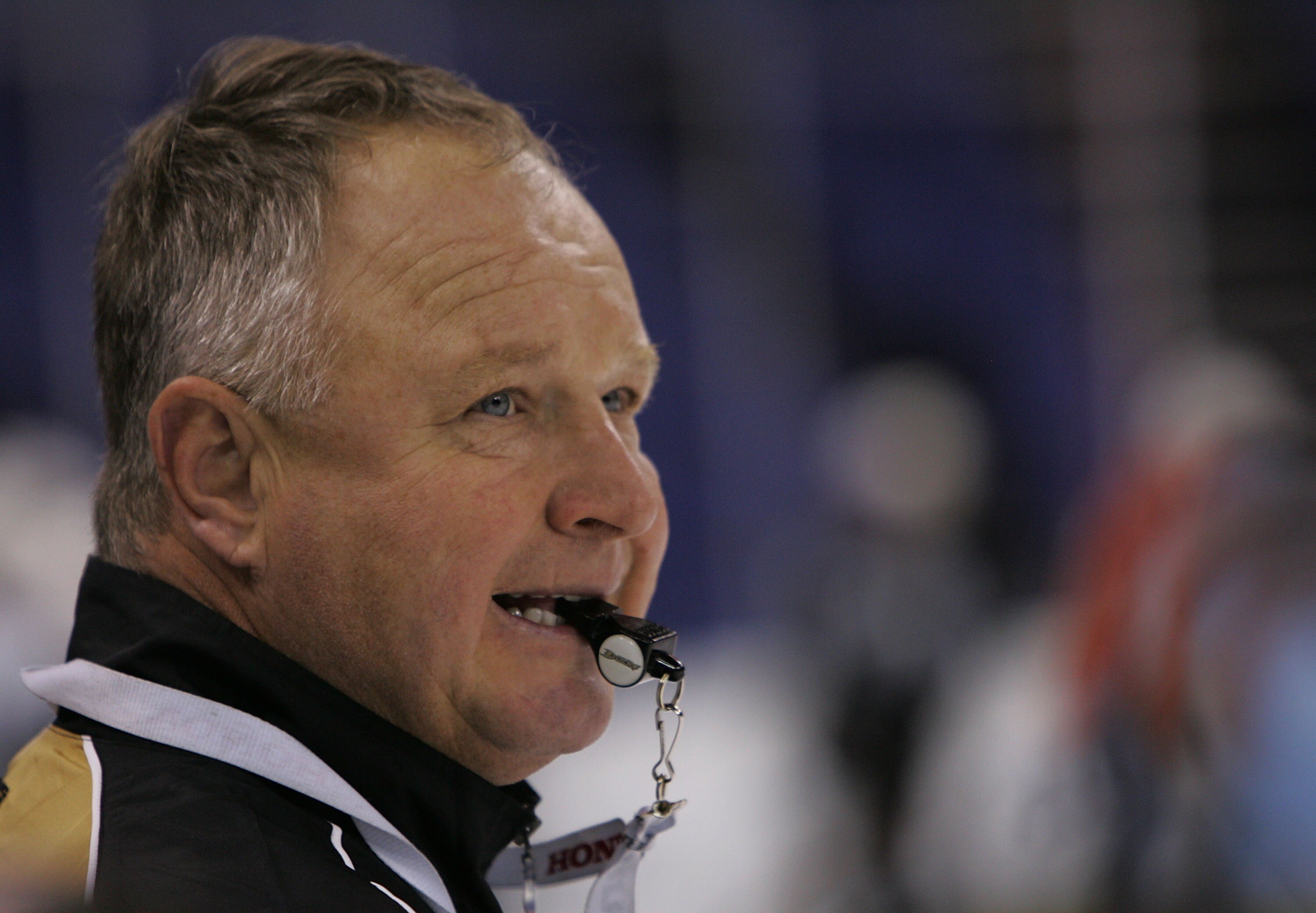 LONDON - SEPTEMBER 28:  Randy Caryle, head coach of the Anaheim Ducks looks on during a practice session at the O2 Arena on September 28, 2007 in Greenwich, London, England.  (Photo by Bruce Bennett/Getty Images)