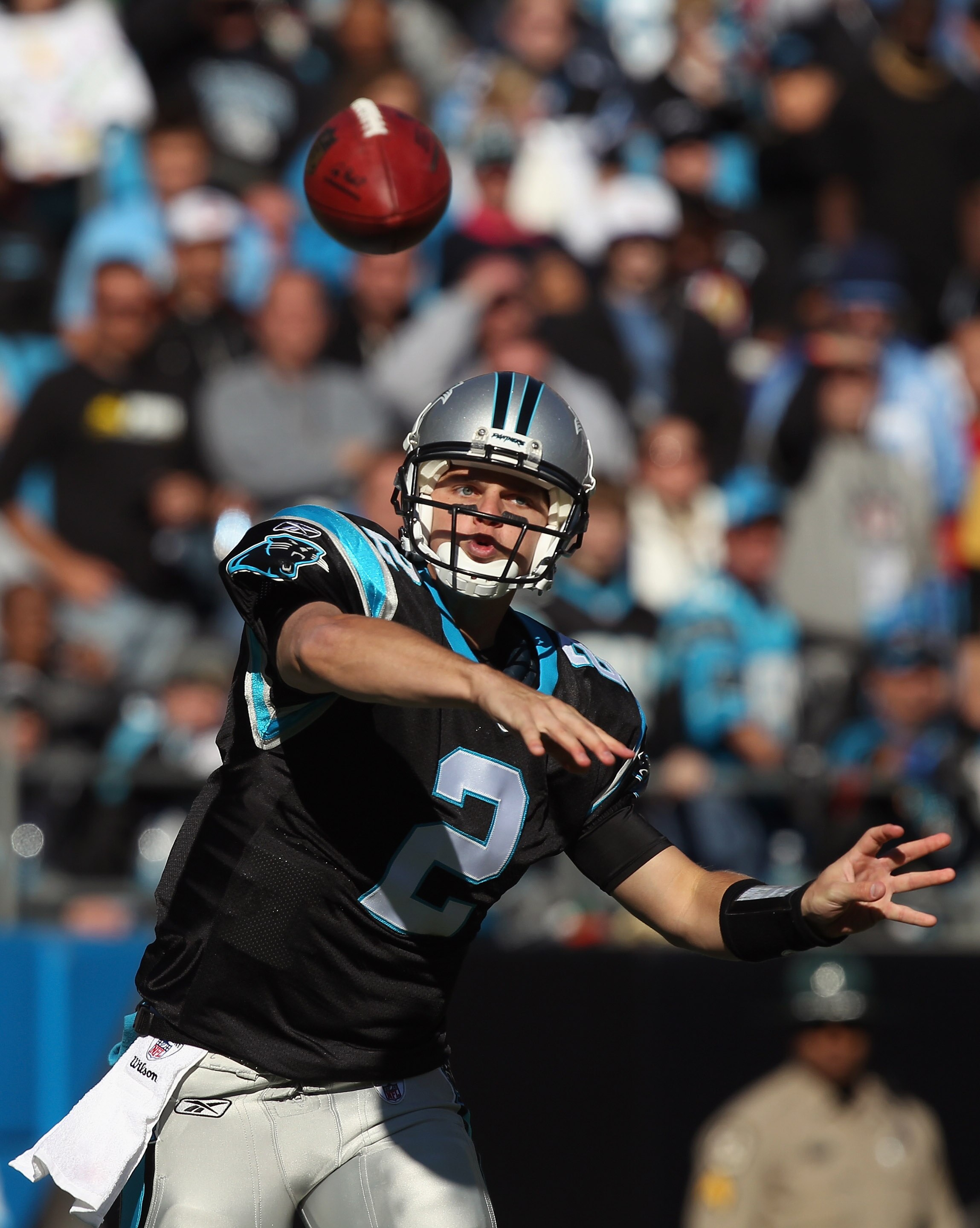 CHARLOTTE, NC - NOVEMBER 07:  Jimmy Clausen #2 of the Carolina Panthers throws a pass against the New Orleans Saints during their game at Bank of America Stadium on November 7, 2010 in Charlotte, North Carolina.  (Photo by Streeter Lecka/Getty Images)