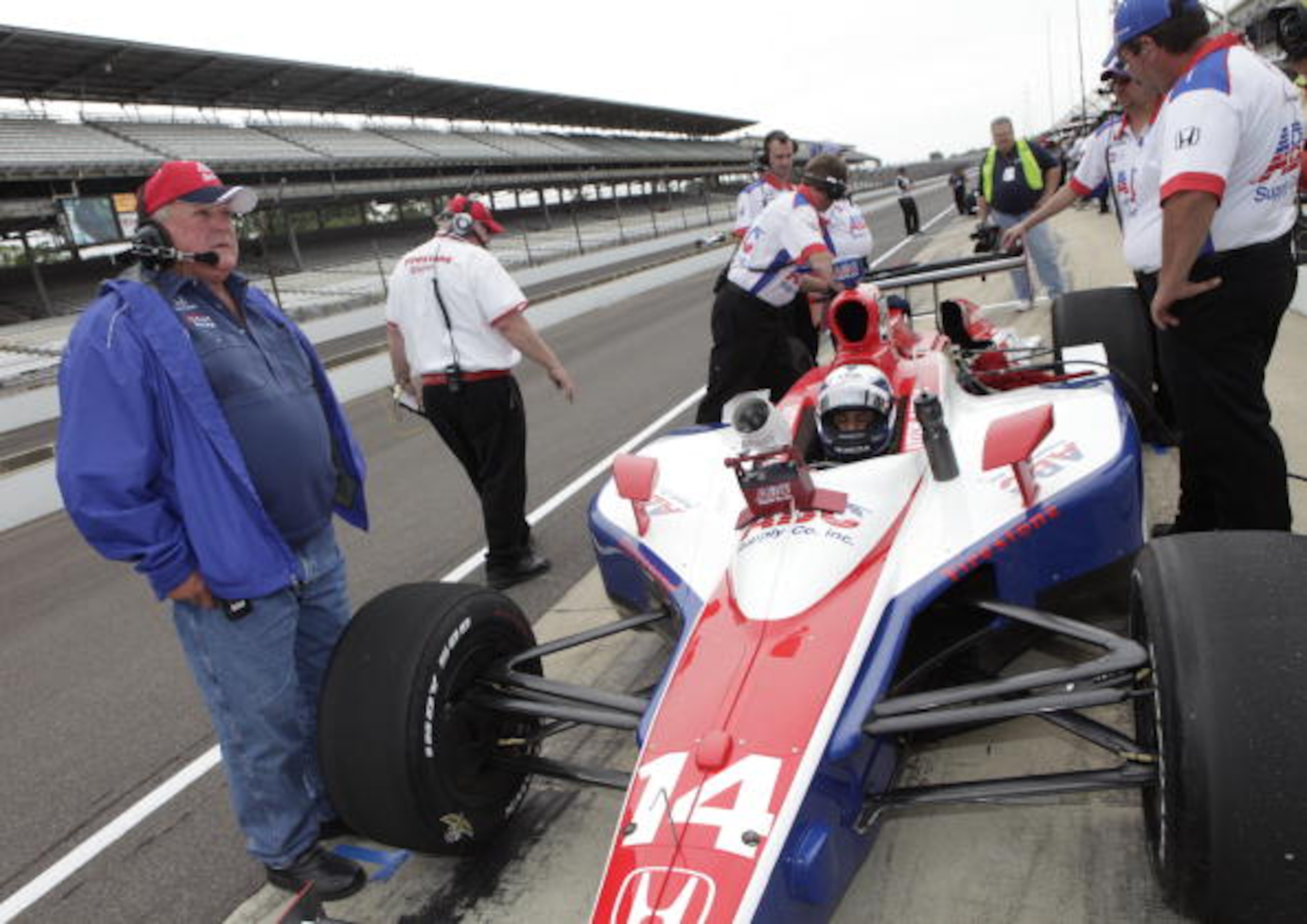 INDIANAPOLIS - MAY 15: AJ Foyt watches on as his driver Victor Meira waits to go out on the track during opening day at the Indianapolis Motor Speedway on May 15, 2010 in Indianapolis, Indiana.   (Photo by Ron Hoskins/Getty Images)