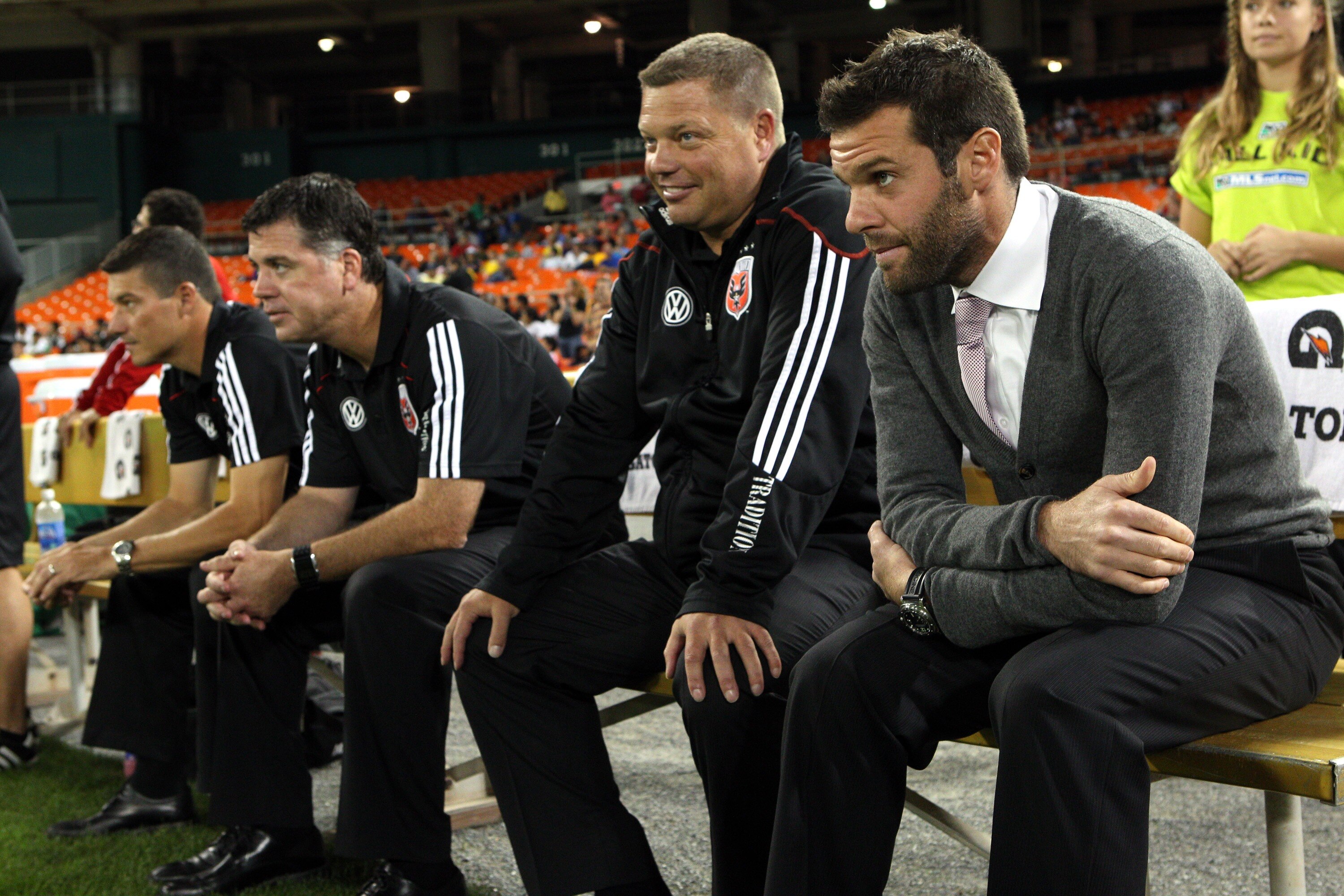 WASHINGTON - OCTOBER 09: Head coach Ben Olsen of D.C. Unitedsits on the bench against the San Jose Earthquakes at RFK Stadium on October 9, 2010 in Washington, DC. San Jose won 2-0. (Photo by Ned Dishman/Getty Images)