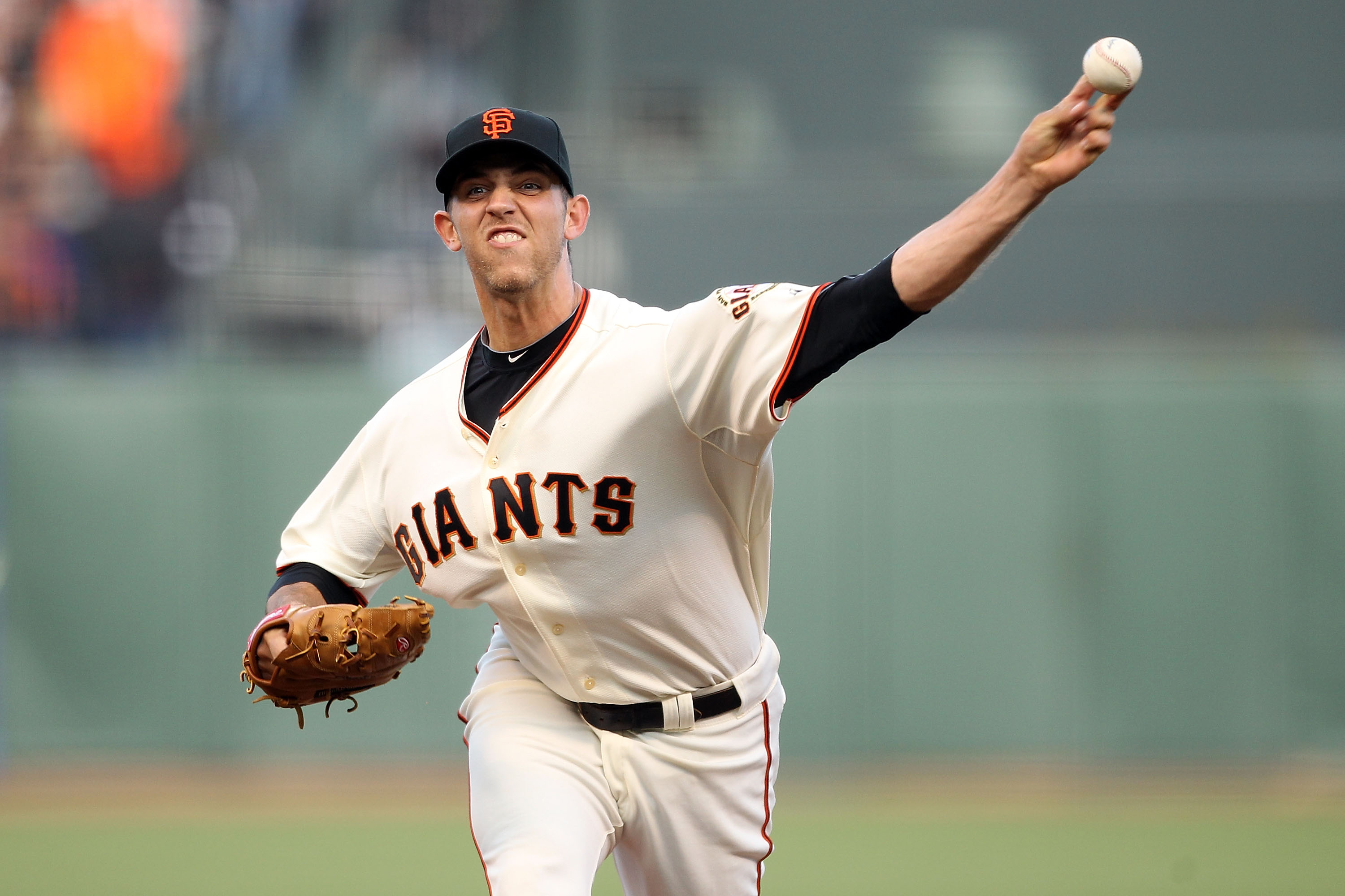 SAN FRANCISCO - OCTOBER 20:  Madison Bumgarner #40 of the San Francisco Giants pitches in the first inning against the San Francisco Giants in Game Four of the NLCS during the 2010 MLB Playoffs at AT&T Park on October 20, 2010 in San Francisco, California