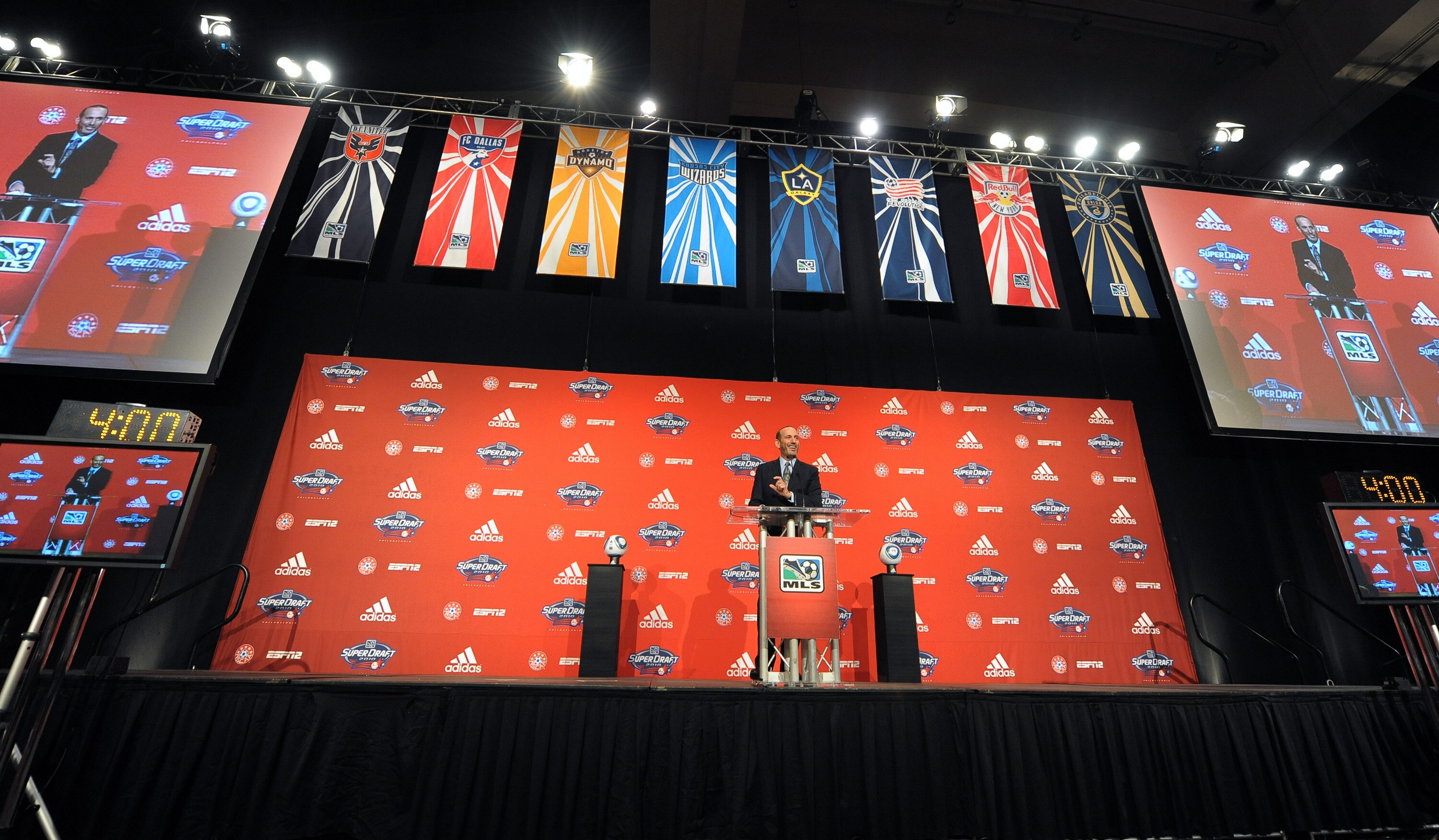 PHILADELPHIA - JANUARY 14:  Major League Soccer commissioner Don Garber addresses the crowd during the 2010 MLS SuperDraft on January 14, 2010 at the Pennsylvania Convention Center in Philadelphia, Pennsylvania. (Photo by Drew Hallowell/Getty Images)