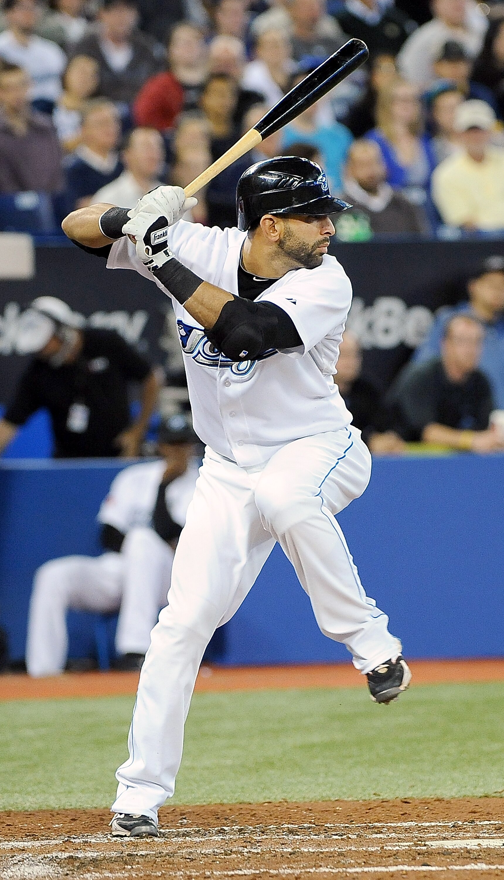 TORONTO, ON - SEPTEMBER 22: Jose Bautista #19 of the Toronto Blue Jays prepares for the pitch during a game against the Seattle Mariners on September 22, 2010 at the Rogers Centre in Toronto, Canada. (Photo by Matthew Manor/Getty Images)