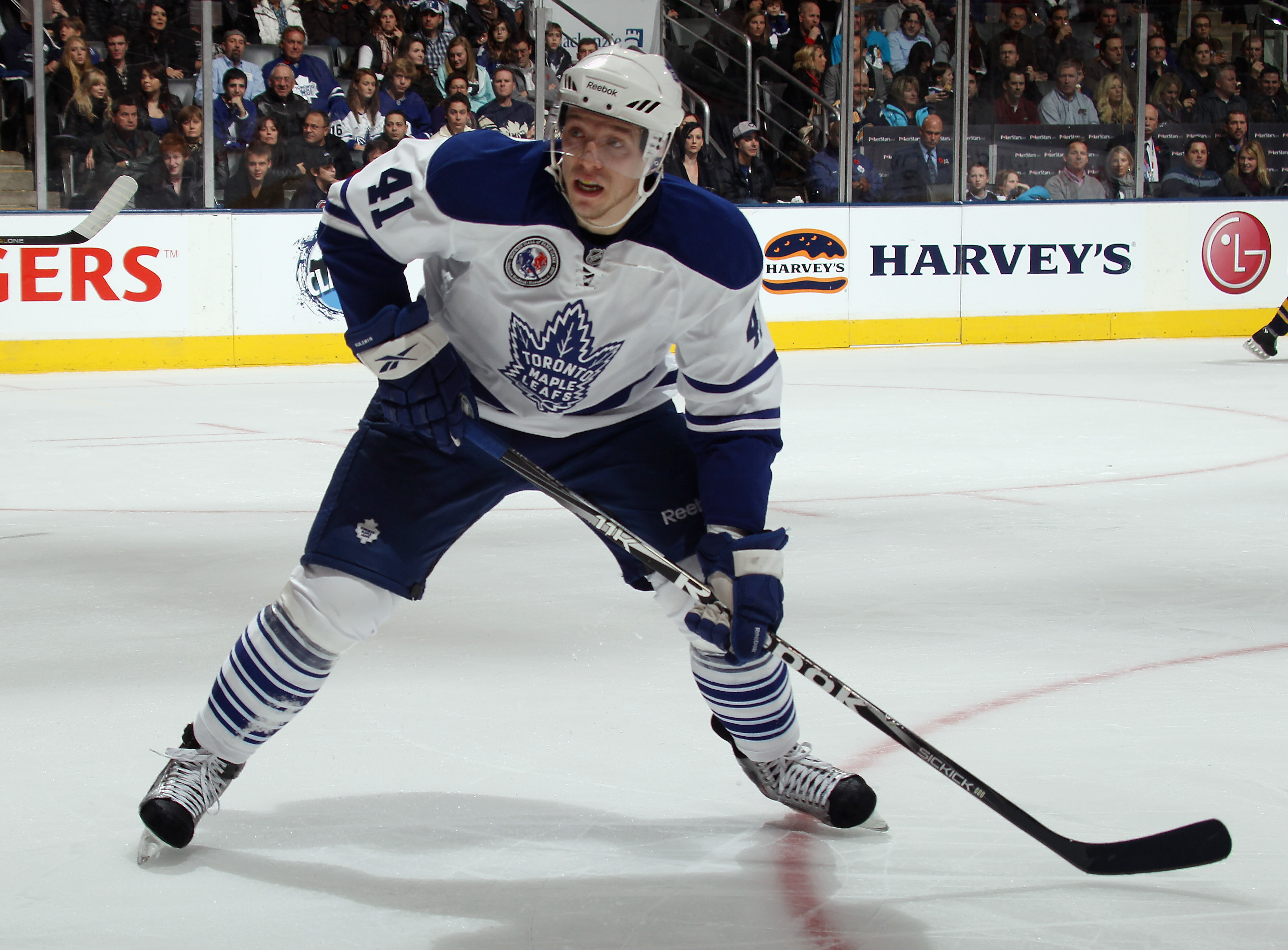 TORONTO, ON - NOVEMBER 06:  Nikolai Kulemin #41 of the Toronto Maple Leafs skates against the Buffalo Sabres at the Air Canada Centre on November 6, 2010 in Toronto, Canada.  (Photo by Bruce Bennett/Getty Images)