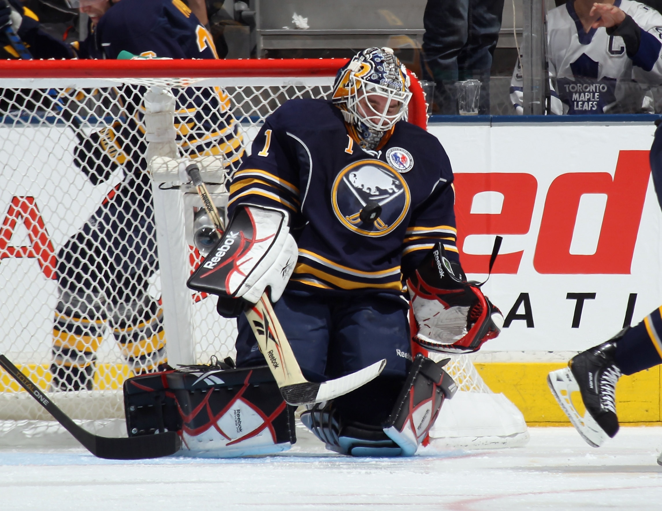 TORONTO, ON - NOVEMBER 06: Nikolai Kulemin #41 (not shown) of the Toronto Maple Leafs is stopped by Jhonas Enroth #1 of the Buffalo Sabres at the Air Canada Centre on November 6, 2010 in Toronto, Canada.  (Photo by Bruce Bennett/Getty Images)