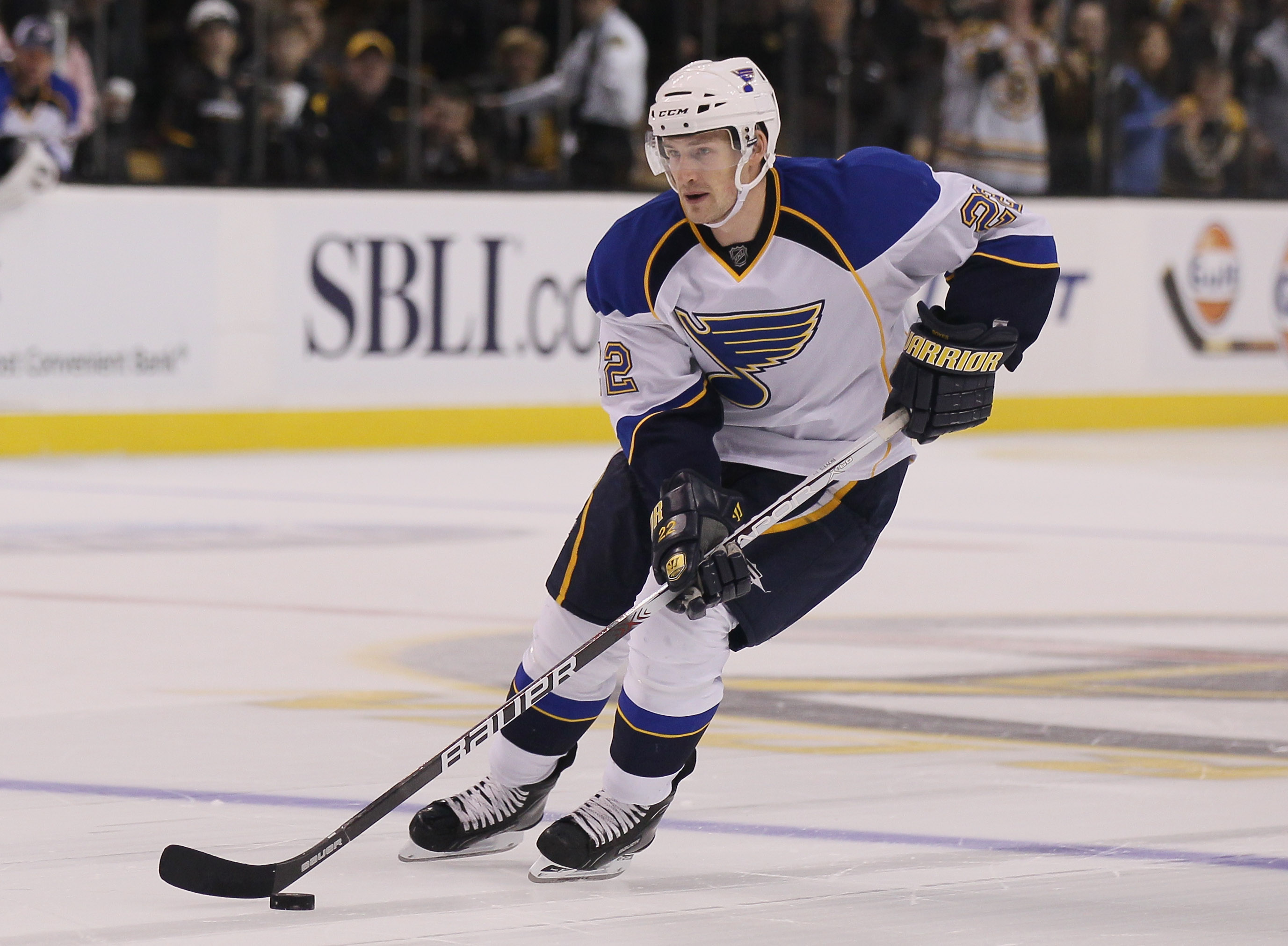 BOSTON - NOVEMBER 06:  Brad Boyes #22 of the St. Louis Blues skates towards the net during the overtime shootout against the Boston Bruins on November 6, 2010 at the TD Garden in Boston, Massachusetts. Boyes scored the game winner and the Blues defeated t