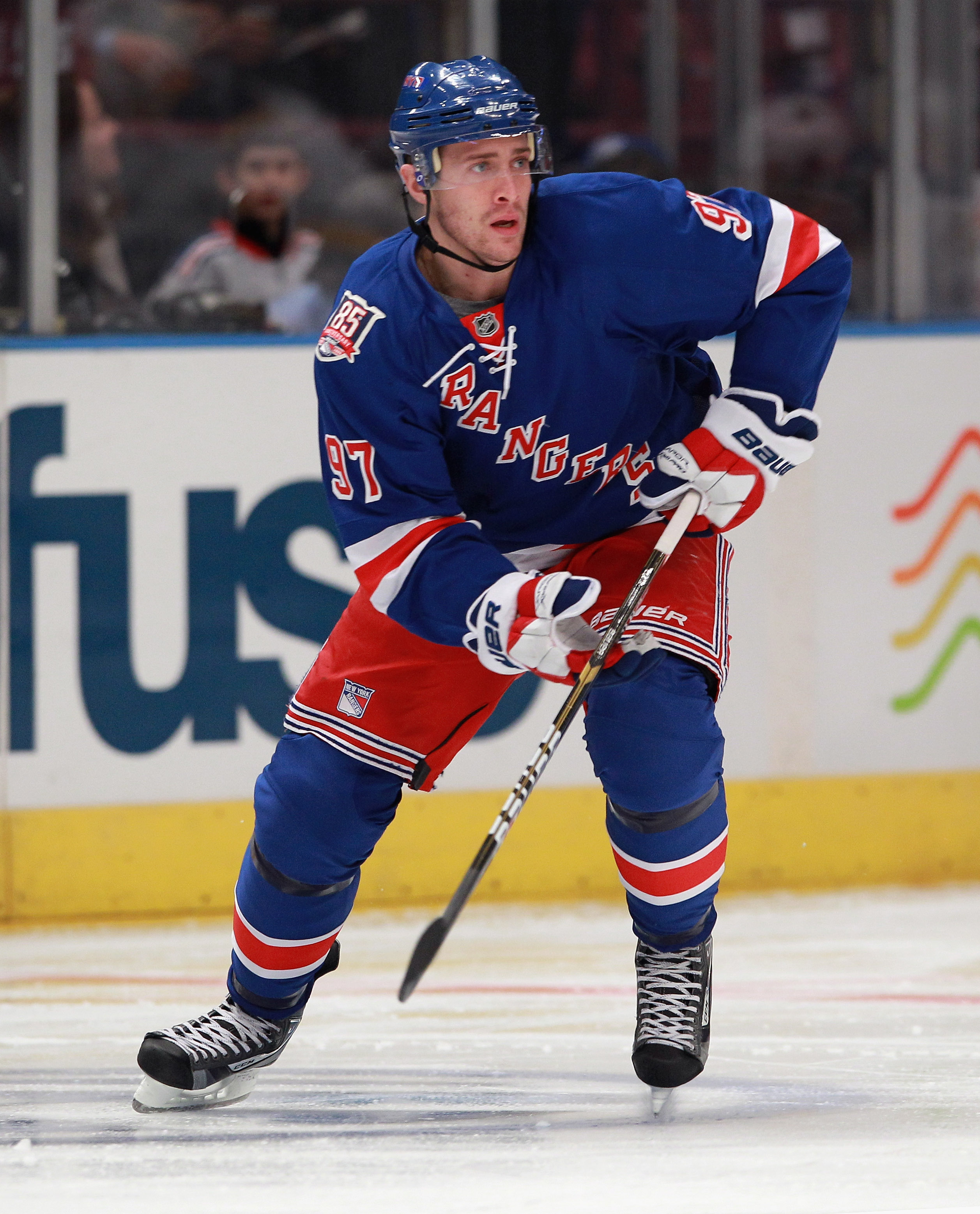 NEW YORK - NOVEMBER 11:  Matt Gilroy #97 of the New York Rangers skates against the Buffalo Sabres at Madison Square Garden on November 11, 2010 in New York City. The Rangers defeated the Sabres 3-2 in overtime.  (Photo by Bruce Bennett/Getty Images)