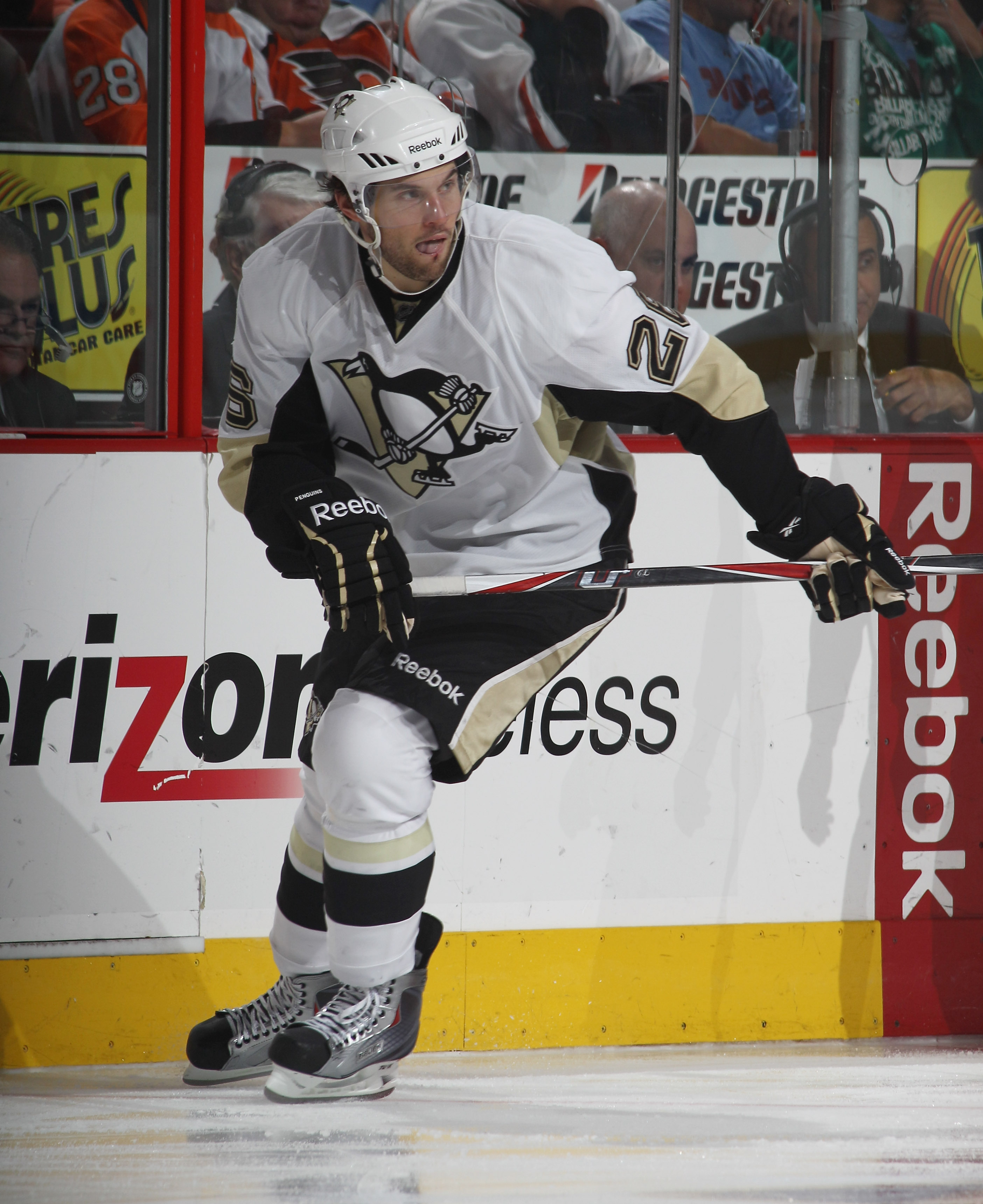 PHILADELPHIA - OCTOBER 16:  Eric Tangradi #26 of the Pittsburgh Penguins skates  against Philadelphia Flyers at the Wells Fargo Center on October 16, 2010 in Philadelphia, Pennsylvania.  The Penguins defeated the Flyers 5-1.  (Photo by Bruce Bennett/Getty