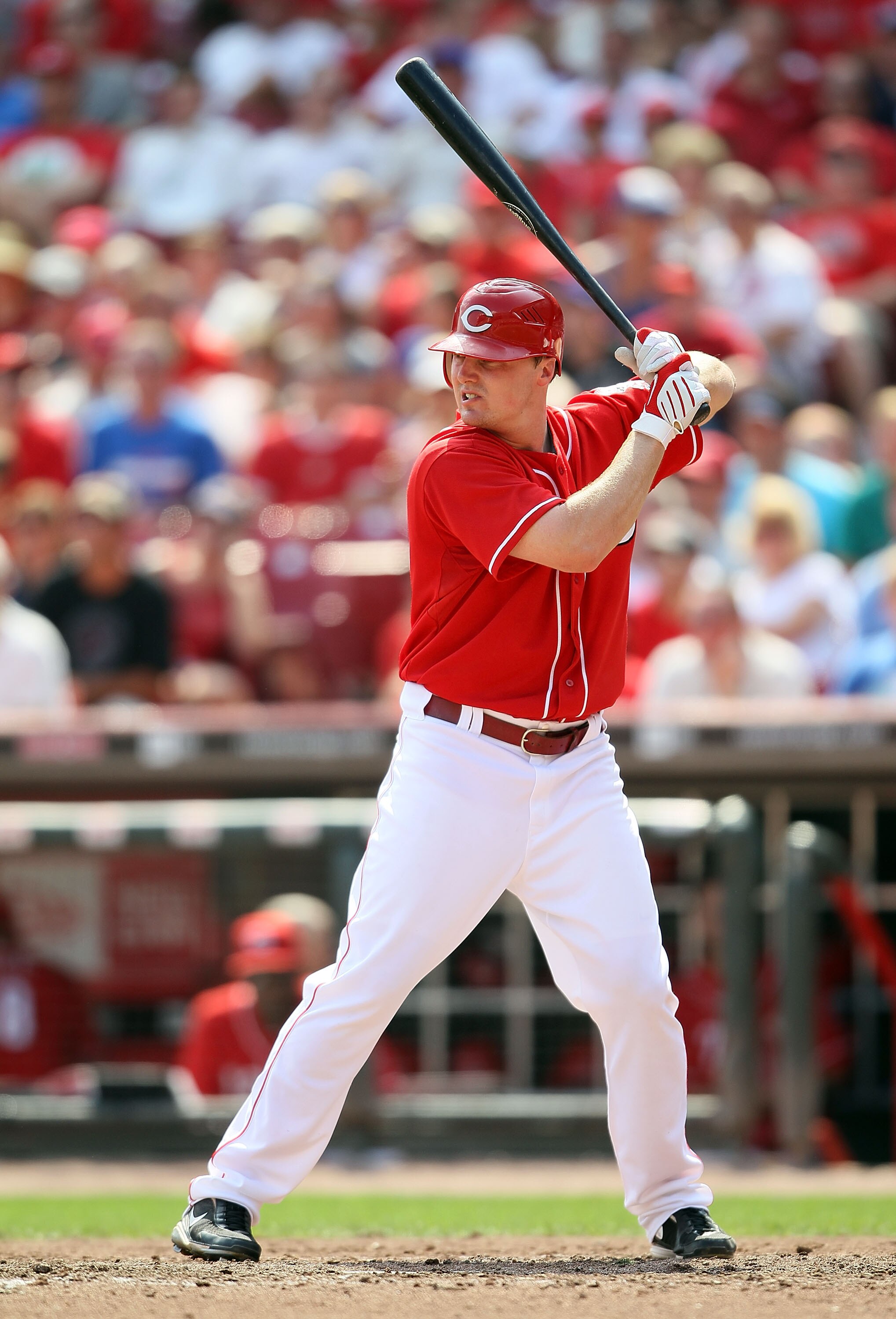 CINCINNATI - AUGUST 29:  Jay Bruce #32 of the Cincinnati Reds is at bat during the game against the Chicago Cubs at Great American Ball Park on August 29, 2010 in Cincinnati, Ohio.  (Photo by Andy Lyons/Getty Images)