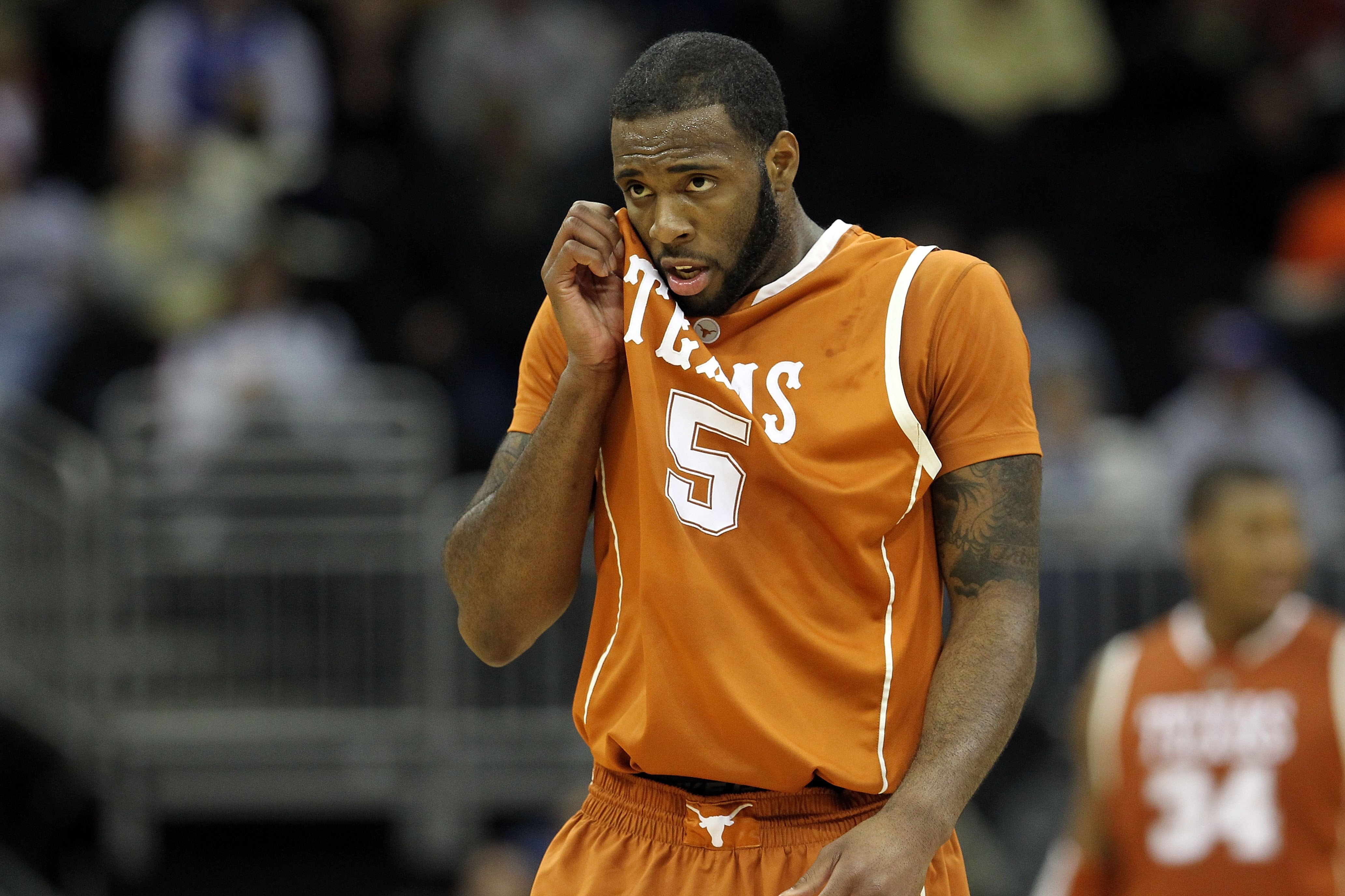 KANSAS CITY, MO - MARCH 11:  Damion James #5 of the Texas Longhorns looks on while taking on the Baylor Bears during the quarterfinals of the 2010 Phillips 66 Big 12 Men's Basketball Tournament at the Sprint Center on March 11, 2010 in Kansas City, Missou