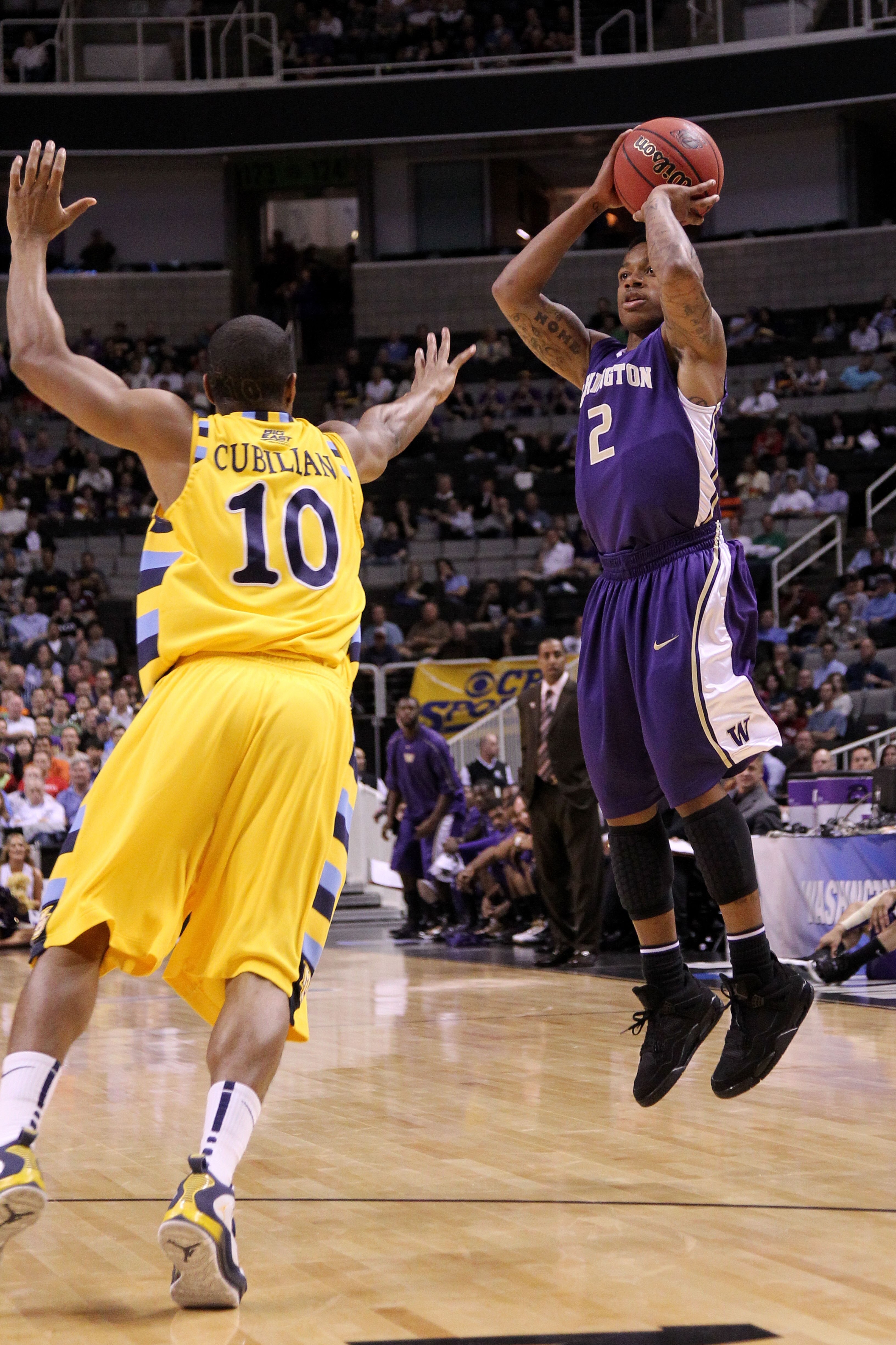 SAN JOSE, CA - MARCH 18:  Guard Isaiah Thomas #2 of the Washington Huskies takes a shot against the Marquette Golden Eagles during the first round of the 2010 NCAA men's basketball tournament at HP Pavilion on March 18, 2010 in San Jose, California.  (Pho
