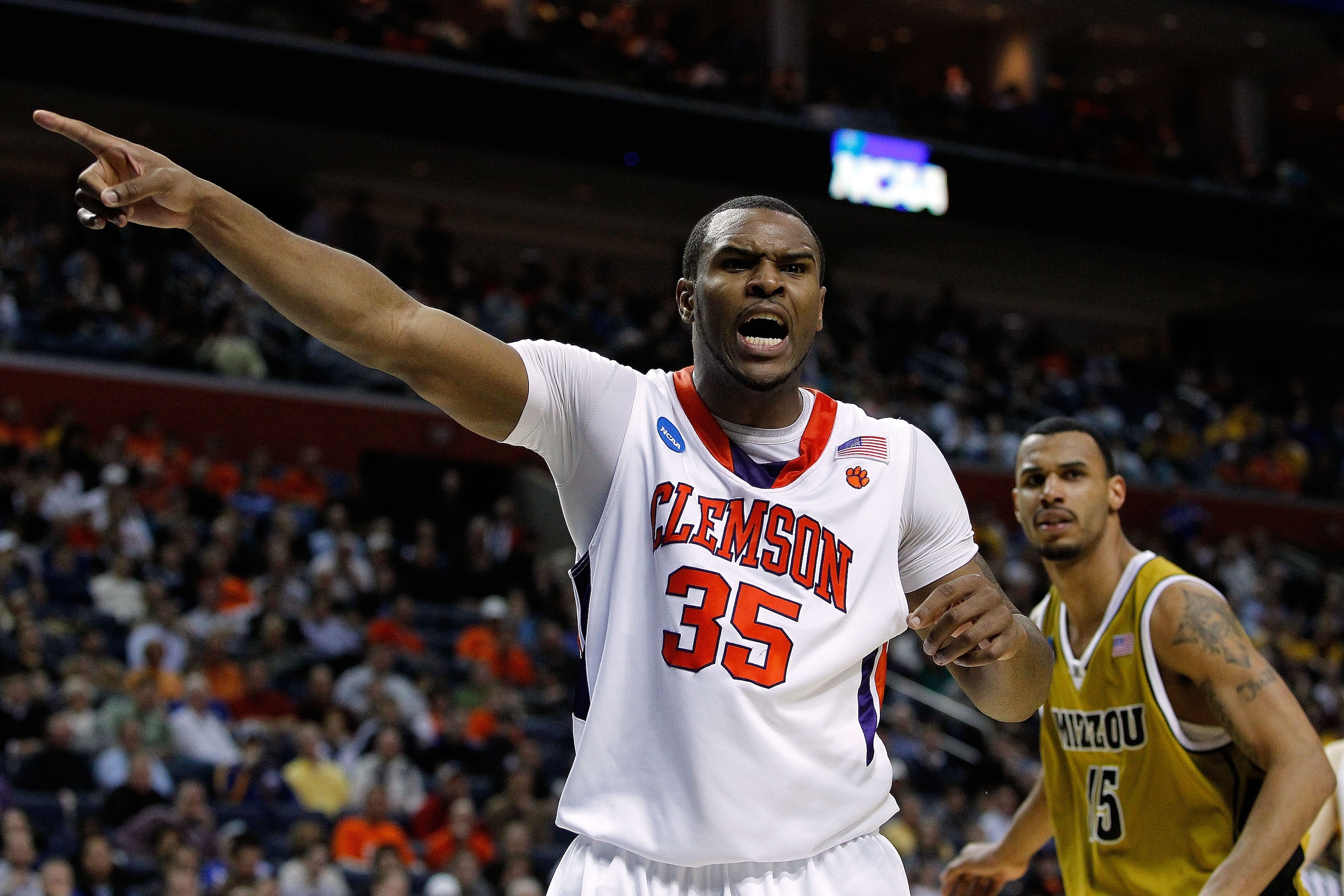 BUFFALO, NY - MARCH 19:  Trevor Booker #35 of the Clemson Tigers reacts after a call while playing against the Missouri Tigers during the first round of the 2010 NCAA men's basketball tournament at HSBC Arena on March 19, 2010 in Buffalo, New York.  (Phot