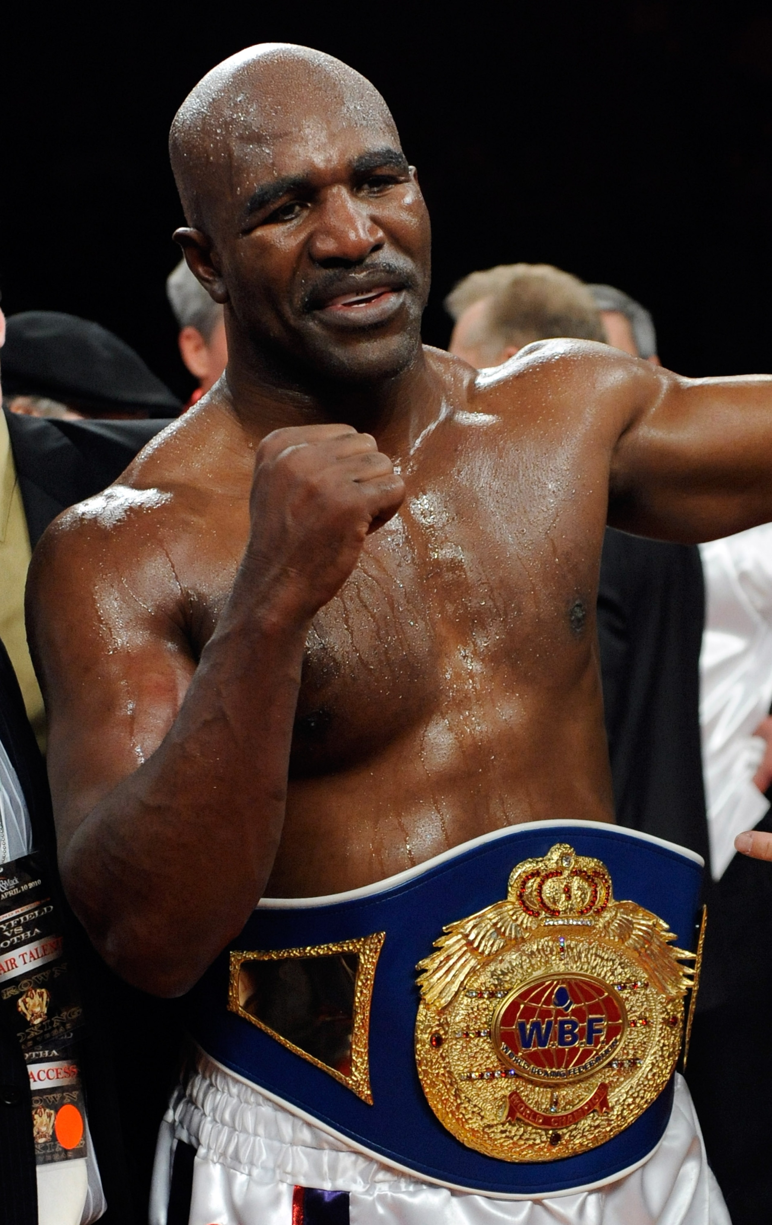 LAS VEGAS - APRIL 10:  Evander Holyfield celebrates his eighth-round TKO victory over Francois Botha in their heavyweight bout at the Thomas & Mack Center April 10, 2010 in Las Vegas, Nevada.  (Photo by Ethan Miller/Getty Images)
