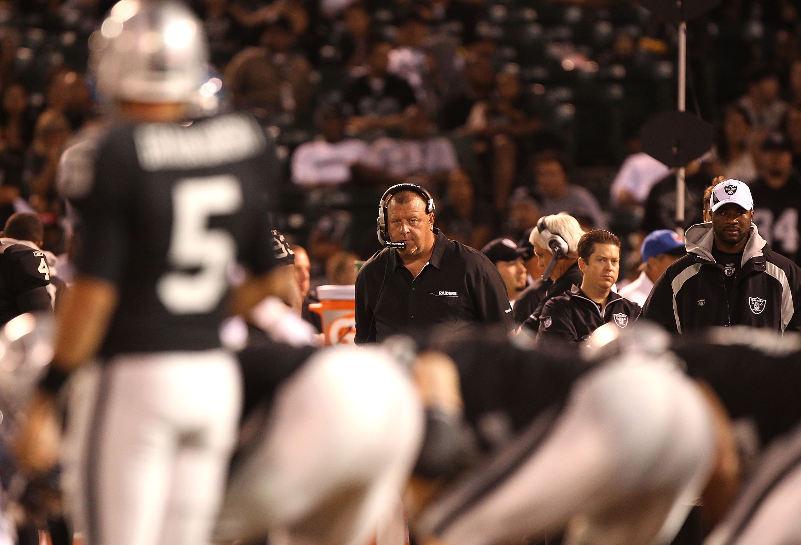 OAKLAND, CA - SEPTEMBER 02:  Head coach Tom Cable of the Oakland Raiders looks on against the Seattle Seahawks during an NFL preseason game at Oakland-Alameda County Coliseum on September 2, 2010 in Oakland, California.  (Photo by Jed Jacobsohn/Getty Imag