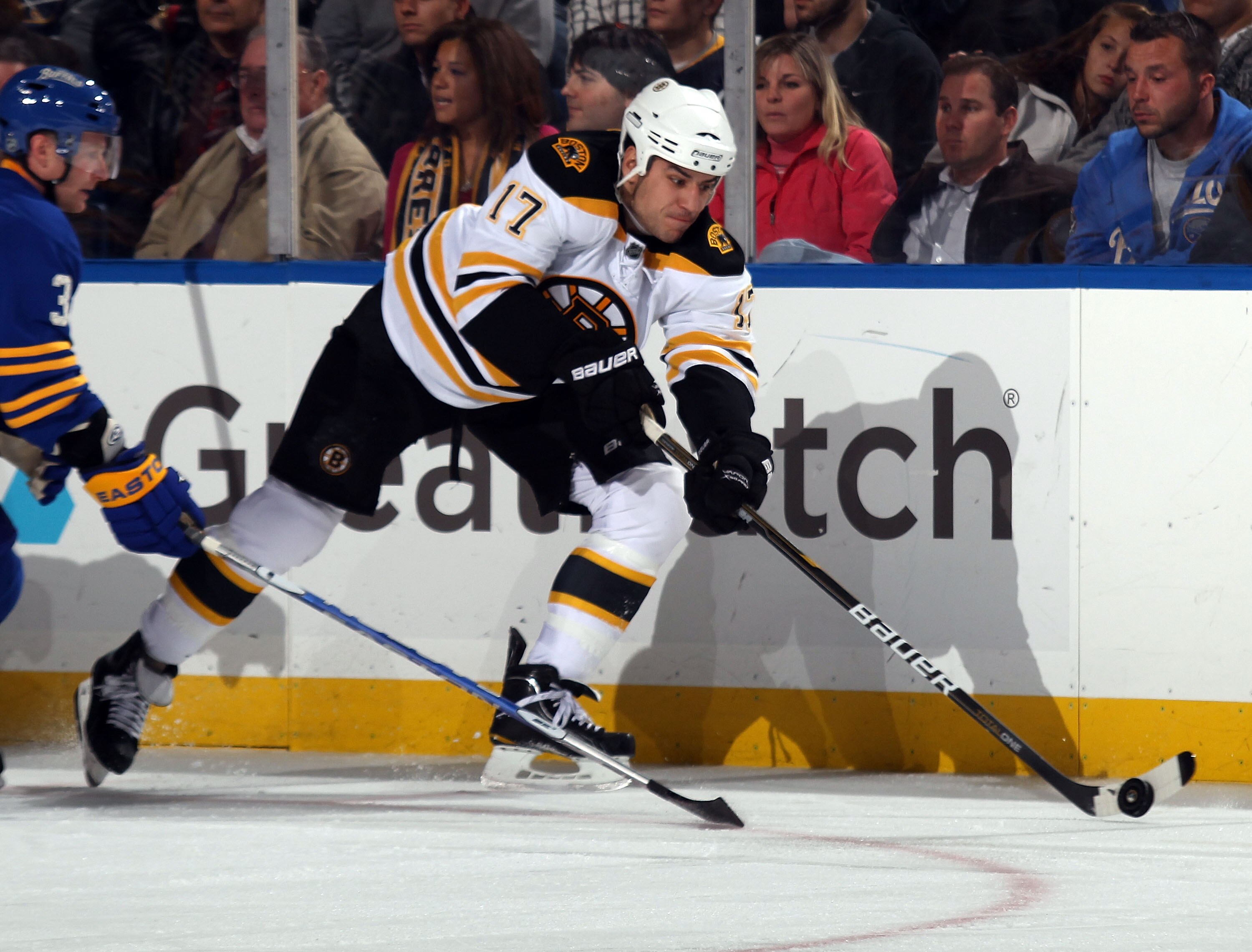 BUFFALO, NY - NOVEMBER 03:  Milan Lucic #17 of the Boston Bruins skates against the Buffalo Sabres at the HSBC Arena on November 3, 2010 in Buffalo, New York. The Bruins defeated the Sabres 5-2.  (Photo by Bruce Bennett/Getty Images)