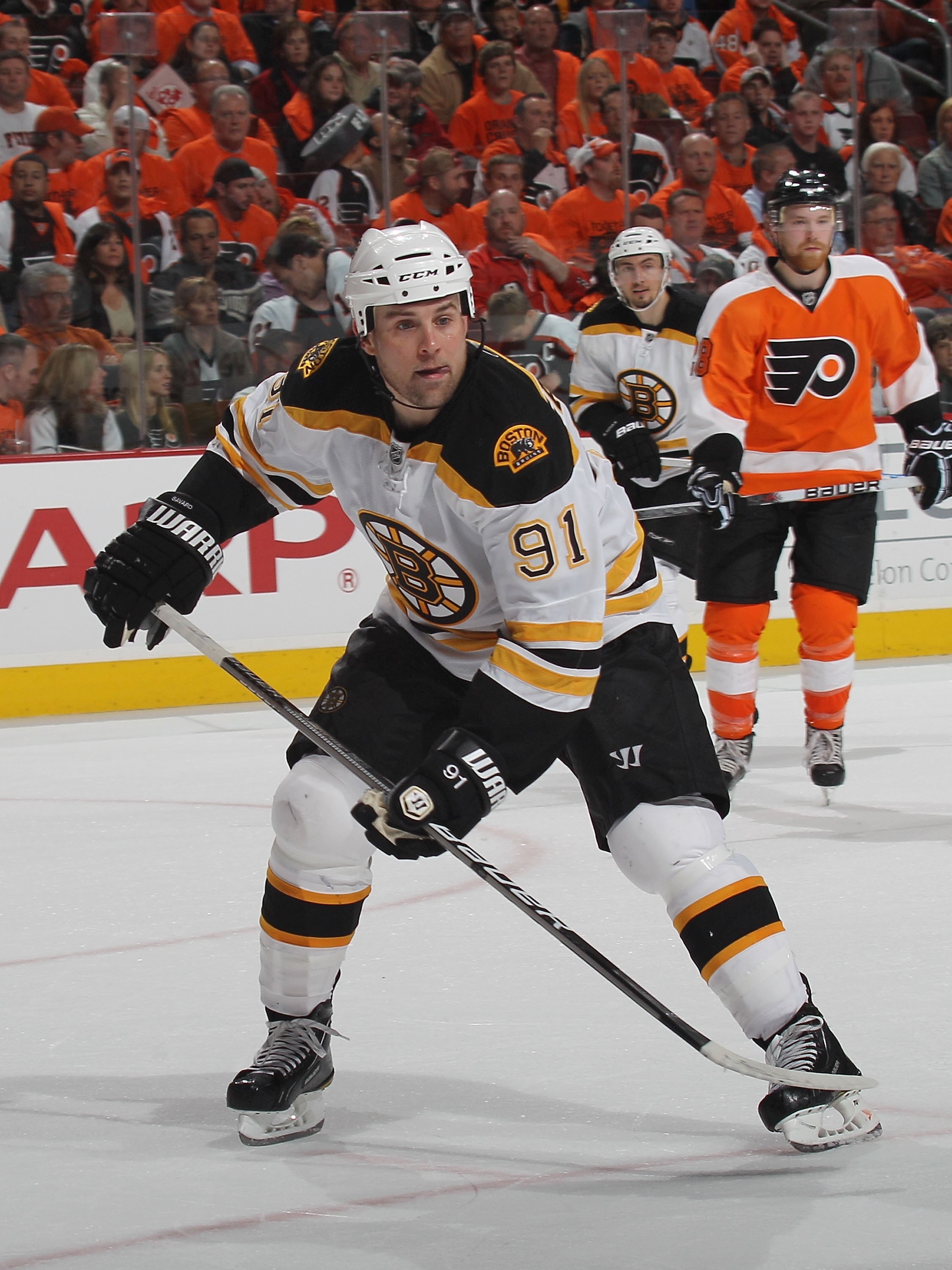 PHILADELPHIA - MAY 12: Marc Savard #91 of the Boston Bruins skates against the Philadelphia Flyers in Game Six of the Eastern Conference Semifinals during the 2010 NHL Stanley Cup Finals at the Wachovia Center on May 12, 2010 in Philadelphia, Pennsylvania