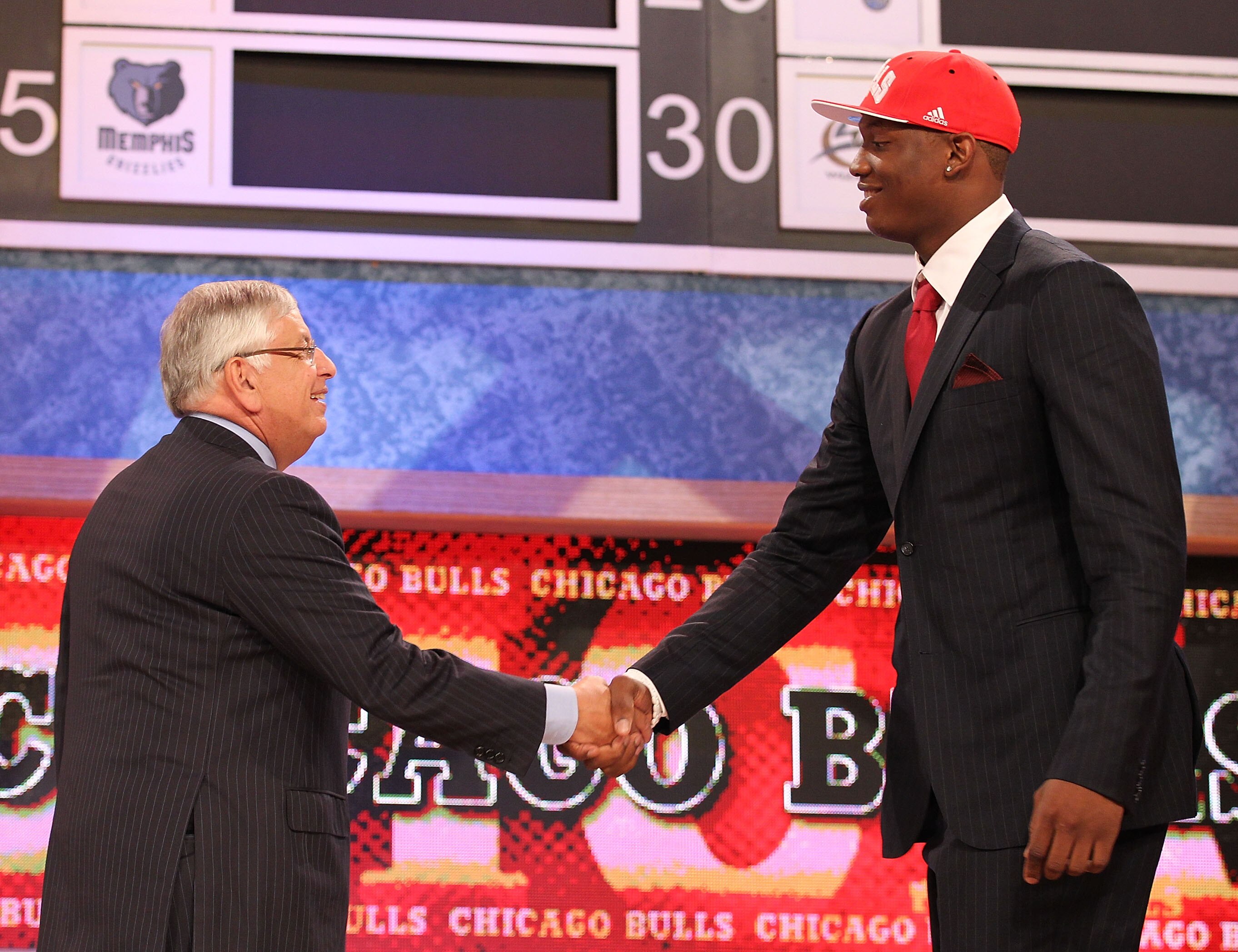 NEW YORK - JUNE 24:  Kevin Seraphin stands with NBA Commissioner David Stern after being drafted seventeenth by  The Chicago Bulls at Madison Square Garden on June 24, 2010 in New York City.  NOTE TO USER: User expressly acknowledges and agrees that, by d
