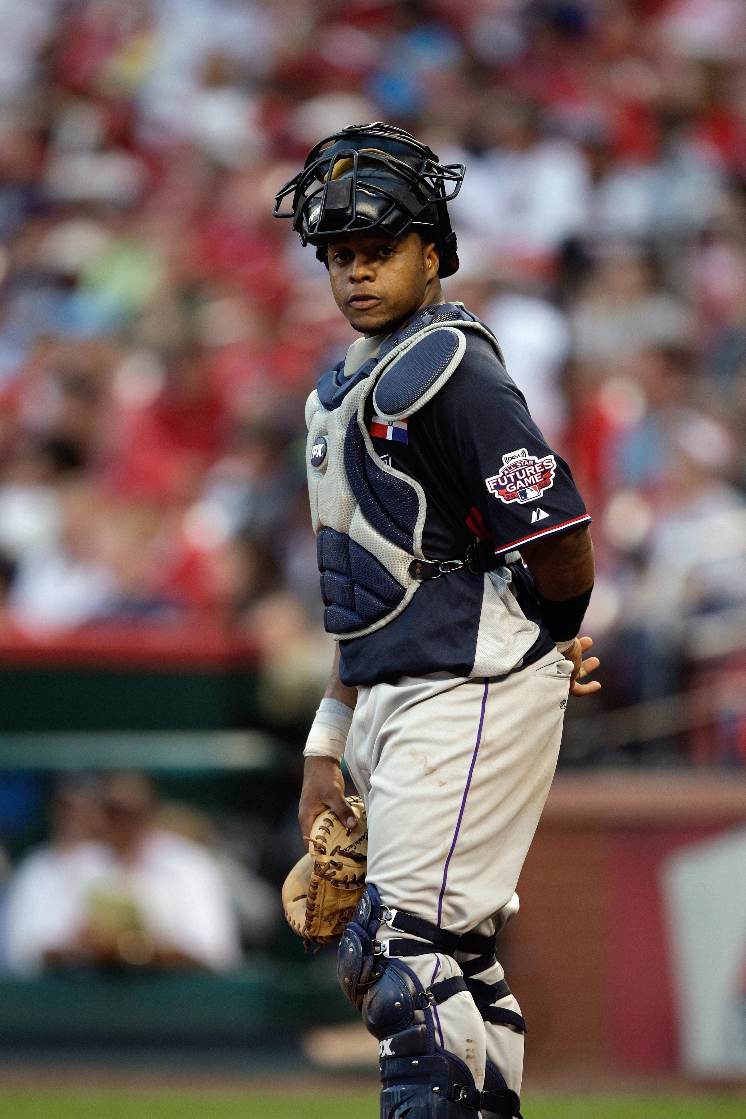 ST. LOUIS, MO - JULY 12:  World Futures All-Star Carlos Santana of the Cleveland Indians looks on during the 2009 XM All-Star Futures Game at Busch Stadium on July 12, 2009 in St. Louis, Missouri. (Photo by Jamie Squire/Getty Images)