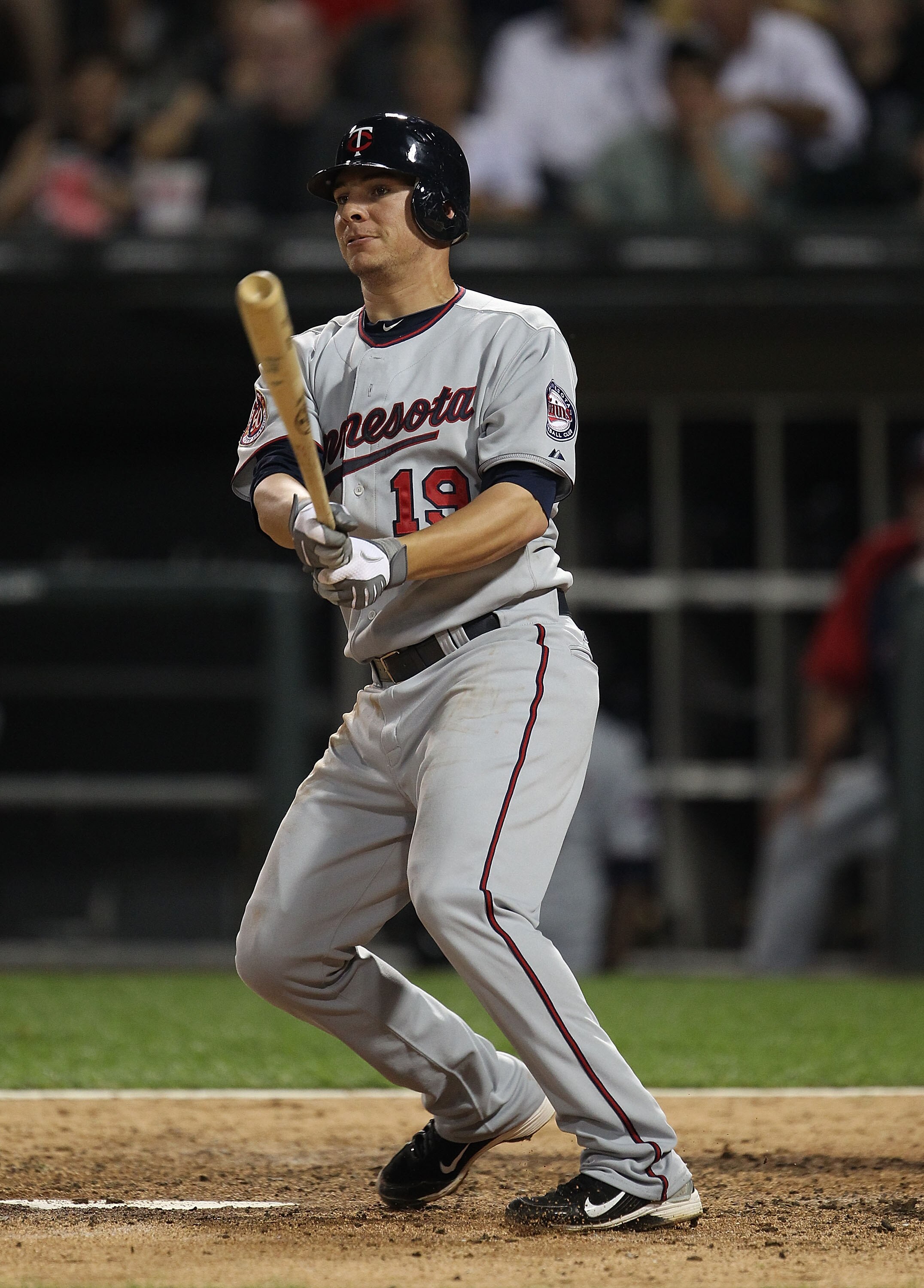 CHICAGO - AUGUST 10: Danny Valencia #19 of the Minnesota Twins takes a swing against the Chicago White Sox at U.S. Cellular Field on August 10, 2010 in Chicago, Illinois. The Twins defeated the White Sox 12-6. (Photo by Jonathan Daniel/Getty Images)