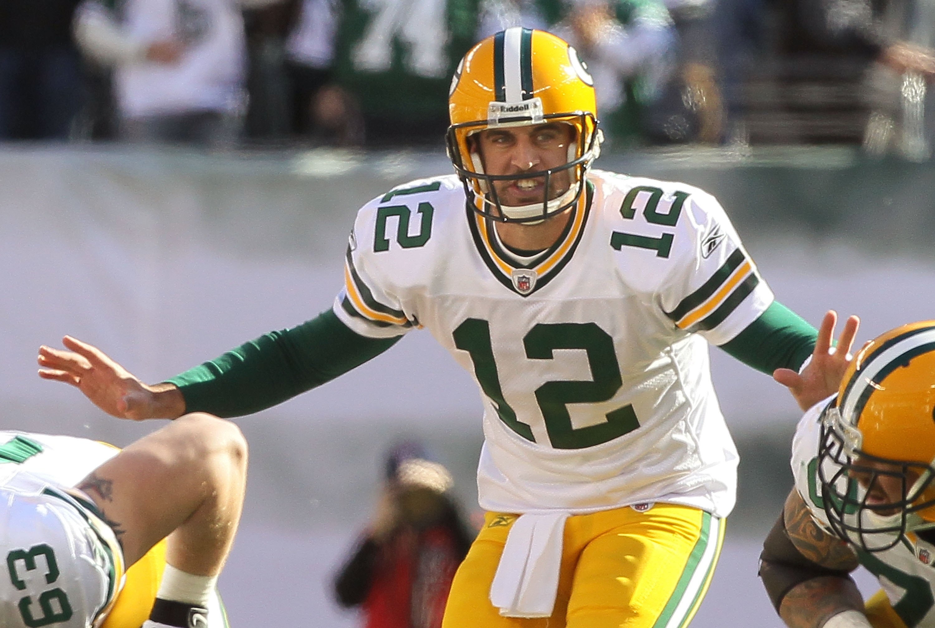 EAST RUTHERFORD, NJ - OCTOBER 31:  Aaron Rodgers #12 of the Green Bay Packers in action against the New York Jets on October 31, 2010 at the New Meadowlands Stadium in East Rutherford, New Jersey.The Packers defeated the Jets 9-0.  (Photo by Jim McIsaac/G