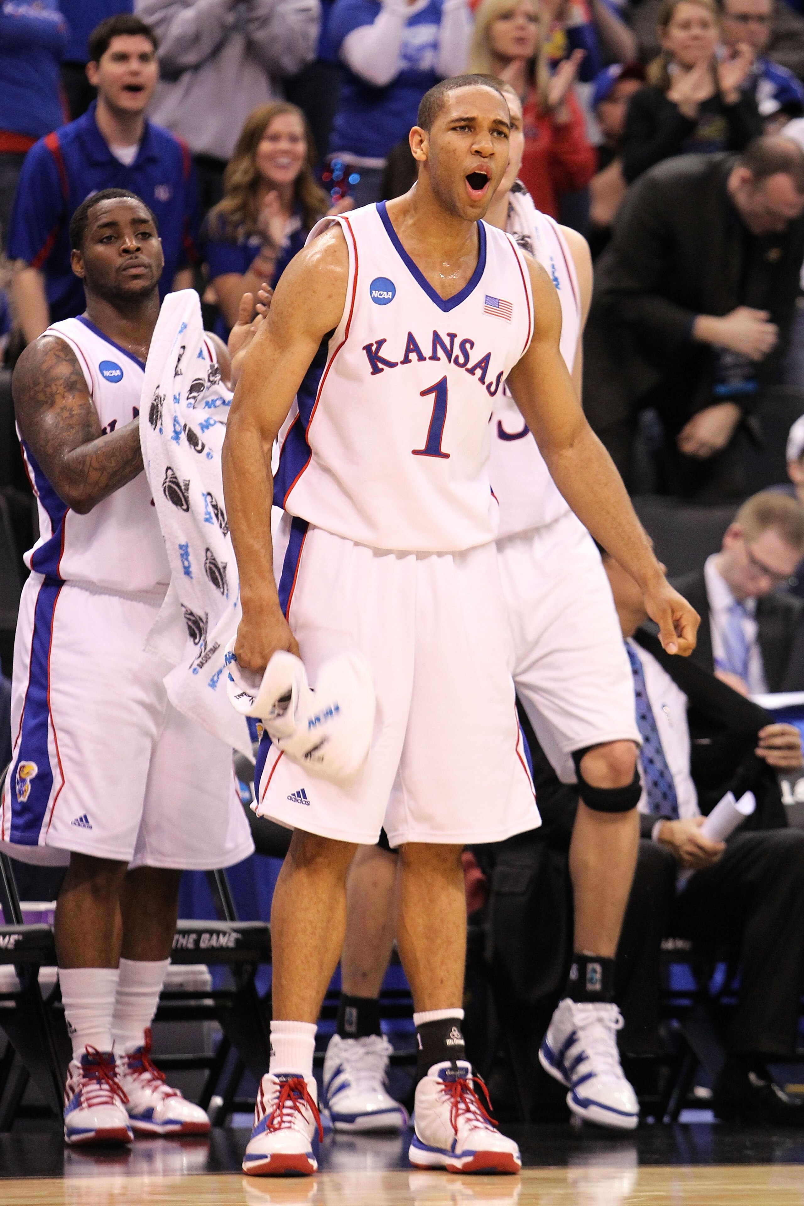 OKLAHOMA CITY - MARCH 20:  Xavier Henry #1 of the Kansas Jayhawks reacts against the Northern Iowa Panthers during the second round of the 2010 NCAA men's basketball tournament at Ford Center on March 20, 2010 in Oklahoma City, Oklahoma.  (Photo by Ronald