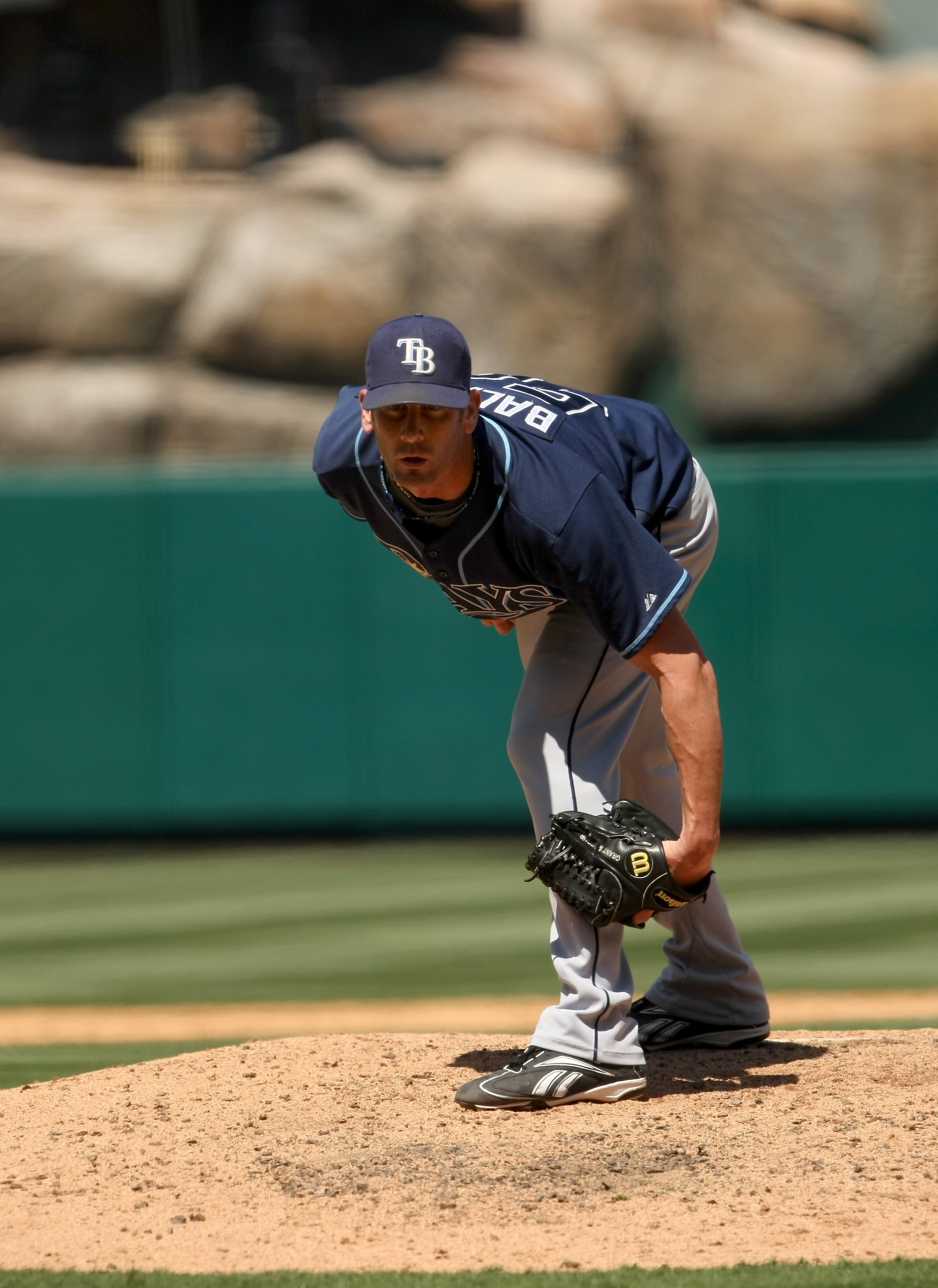 ANAHEIM, CA - AUGUST 12:  Grant Balfour  #50 of the Tampa Bay Rays pitches against the Los Angeles Angels of Anaheim on August 12, 2009 at Angel Stadium in Anaheim, California.  The Angels won 10-5.  (Photo by Stephen Dunn/Getty Images)