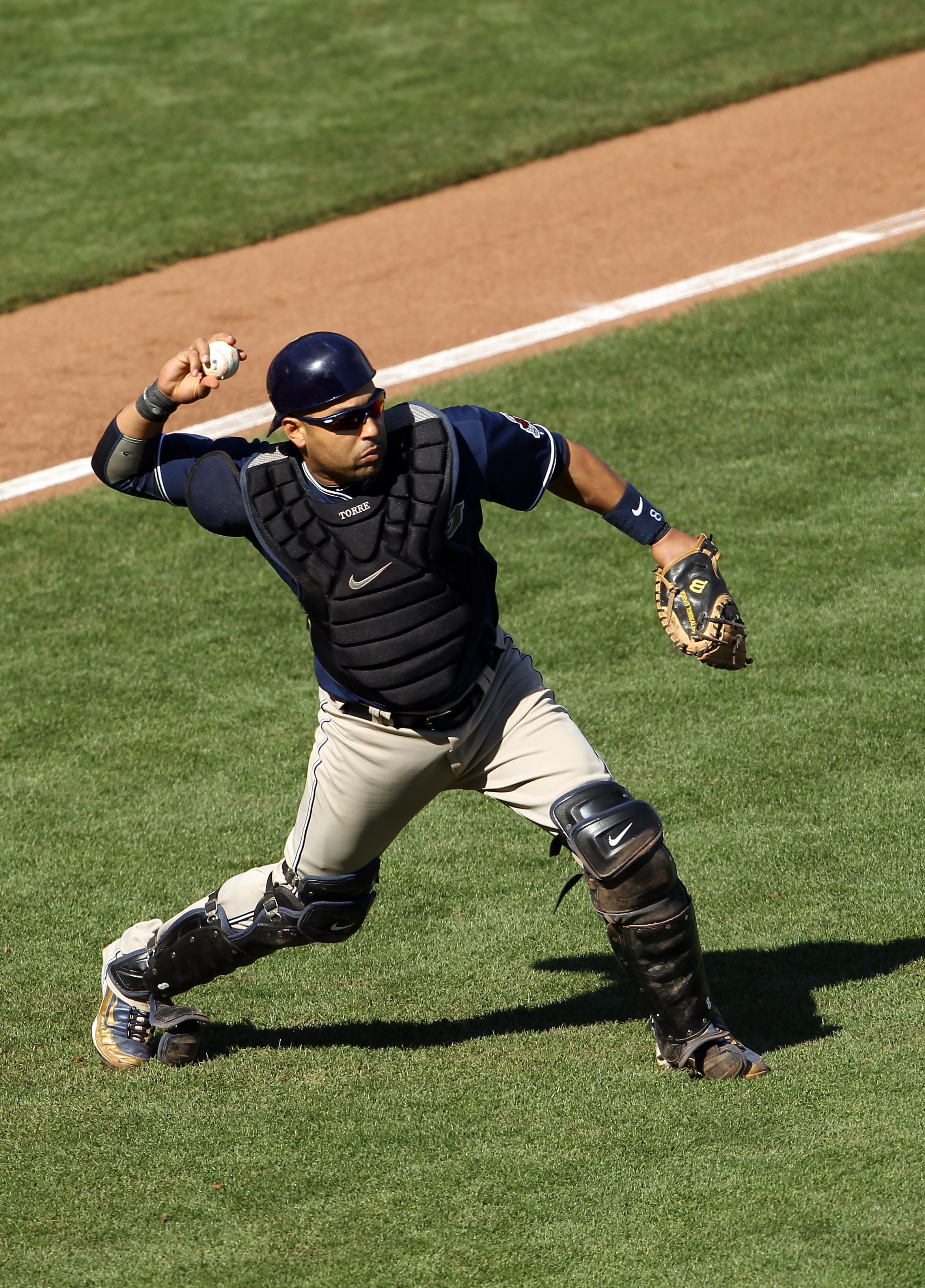SAN FRANCISCO - OCTOBER 02:  Yorvit Torrealba #8 of the San Diego Padres in action against the San Francisco Giants at AT&T Park on October 2, 2010 in San Francisco, California.  (Photo by Ezra Shaw/Getty Images)