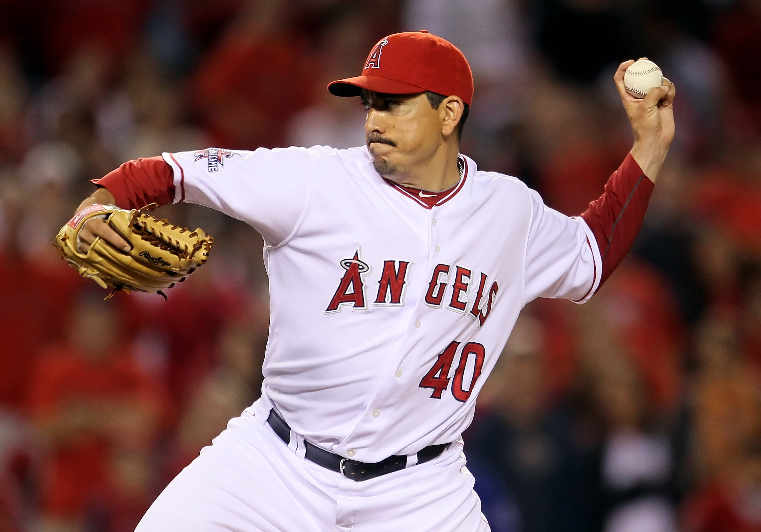ANAHEIM, CA - JULY 01:  Brian Fuentes #40 of the Los Angeles Angels of Anaheim pitches against the Texas Rangers in the ninth inning at Anaheim Stadium on July 1, 2010 in Anaheim, California. The Angels defeated the Rangers 2-1.  (Photo by Jeff Gross/Gett