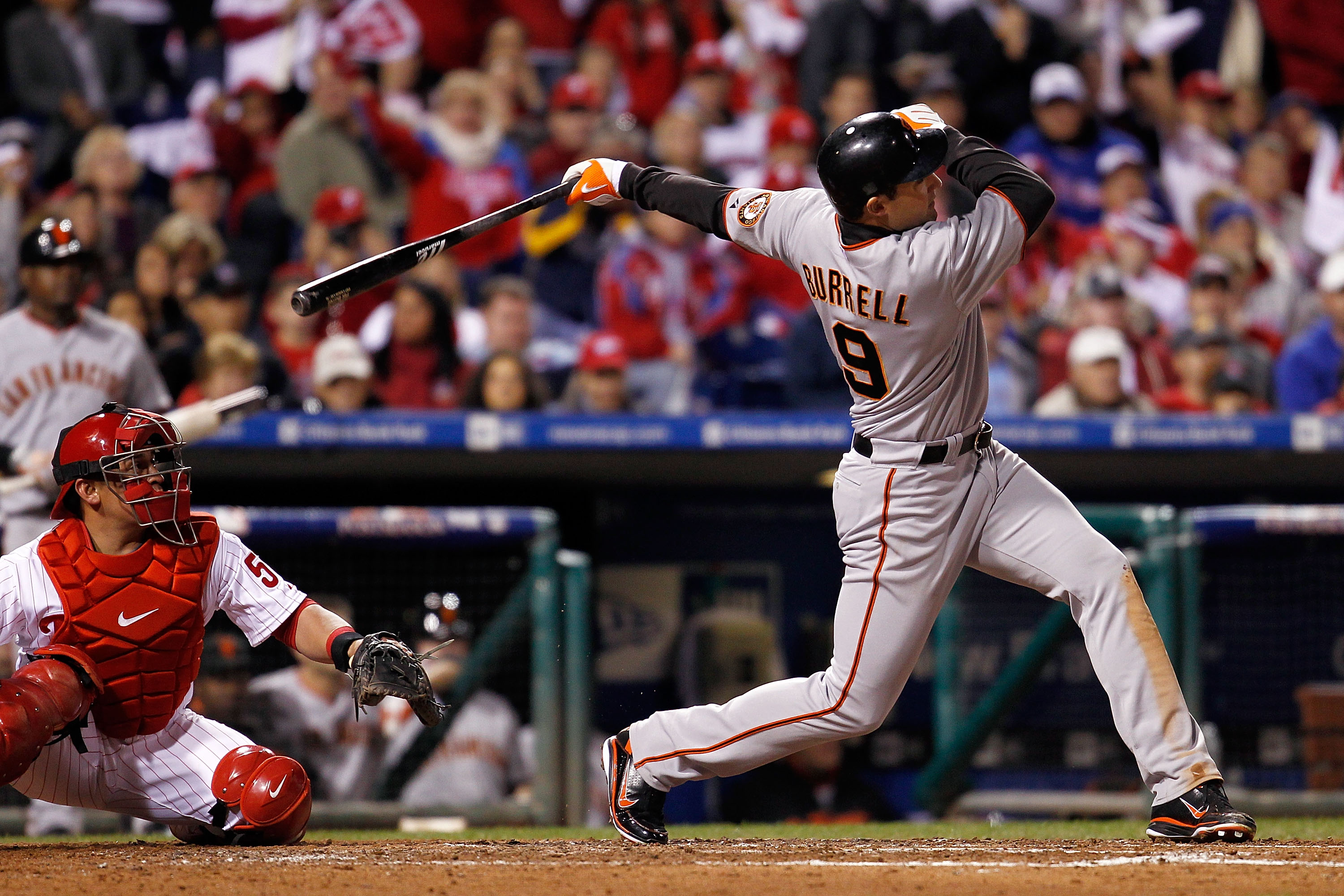 PHILADELPHIA - OCTOBER 16:  Pat Burrell #9 of the San Francisco Giants hits a RBI double in the sixth inning in Game One of the NLCS during the 2010 MLB Playoffs at Citizens Bank Park on October 16, 2010 in Philadelphia, Pennsylvania.  (Photo by Jeff Zele