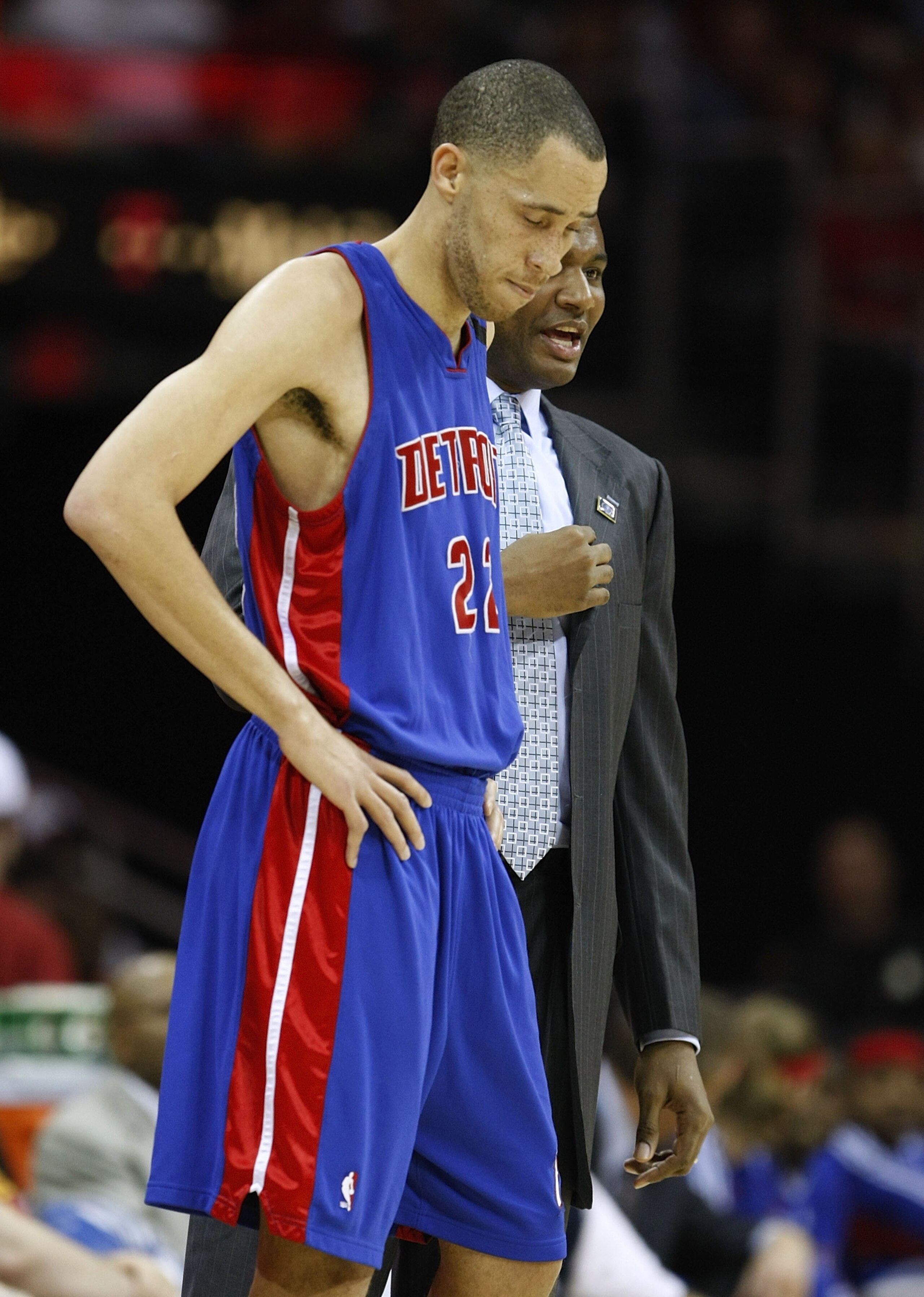 CLEVELAND - APRIL 21: Tayshaun Prince #22 of the Detroit Pistons talks with Pistons Coach Michael Curry while playing against the Cleveland Cavaliers in Game Two of the Eastern Conference Quarterfinals during the 2009 NBA Playoffs at Quicken Loans Arena o